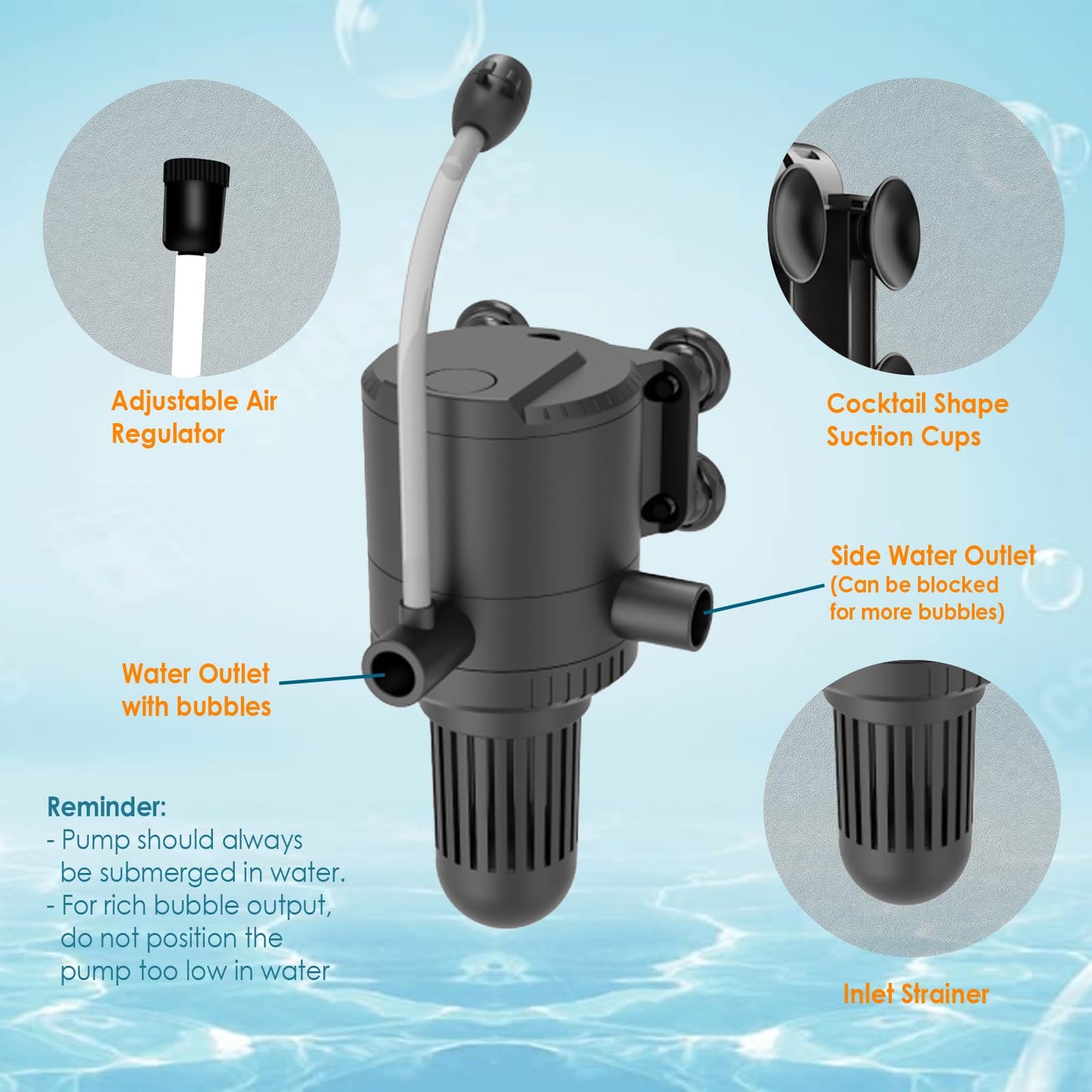 AquaMiracle Black Submersible Aquarium Powerhead Pump, 320GPH, For Tanks 60-100Gal, Wave Maker, Aeration, Fresh/Saltwater, 18W, 115V, Black