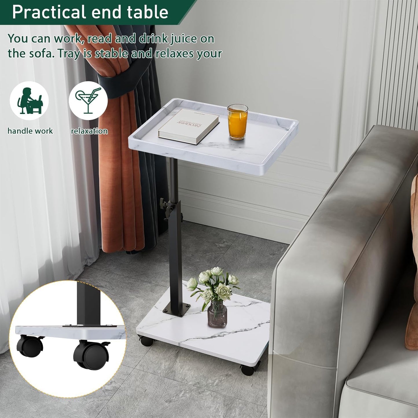 C Shaped End Table Adjustable Height, 360°Swivel TV Tray Table for Small Spaces, Rolling Couch Side Tables for Living Room, Bedroom, Bedside, Chair, Sofa, Snack (White)