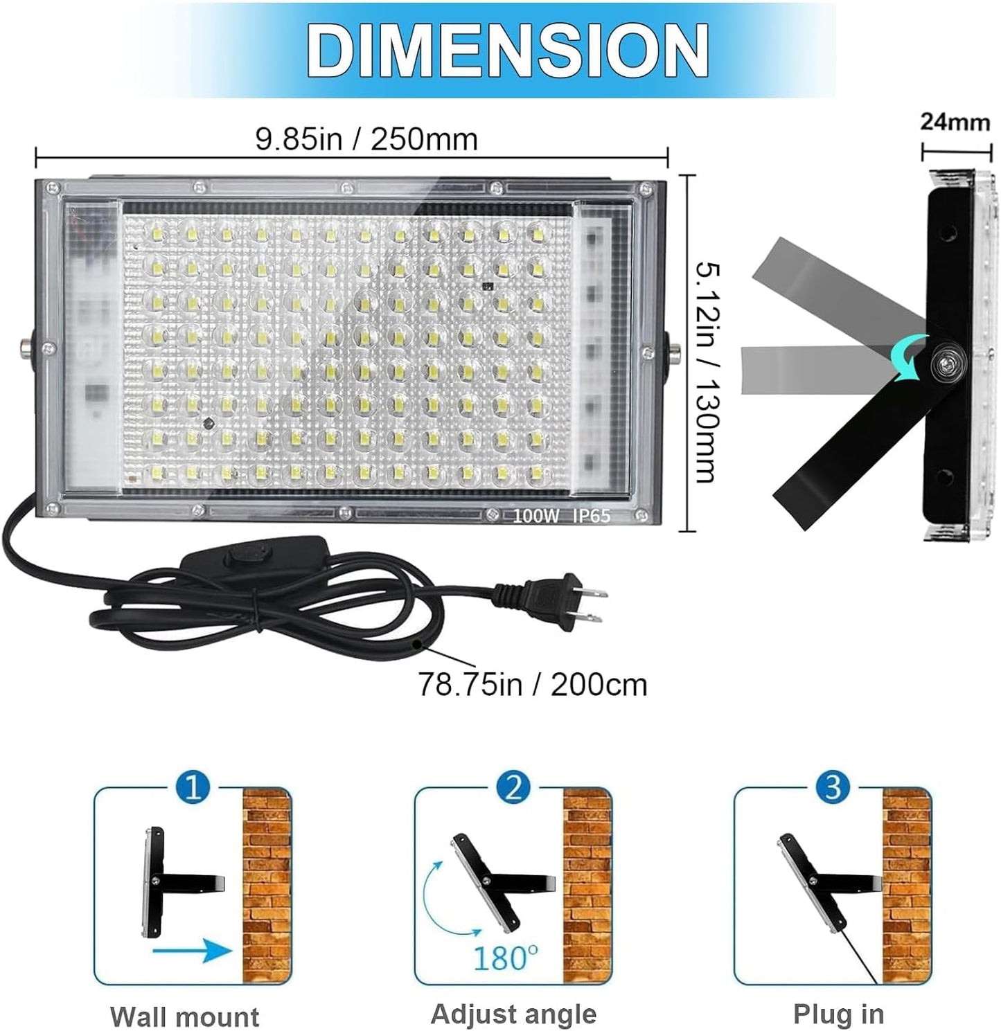 100W LED Outdoor Flood Light, 2 Pack 8000LM Plug in Flood Light Outdoor, IP66 Waterproof Exterior Security Lights, 6500K Daylight White Super Bright Floodlight for Garage, Yard, Lawn, Garden