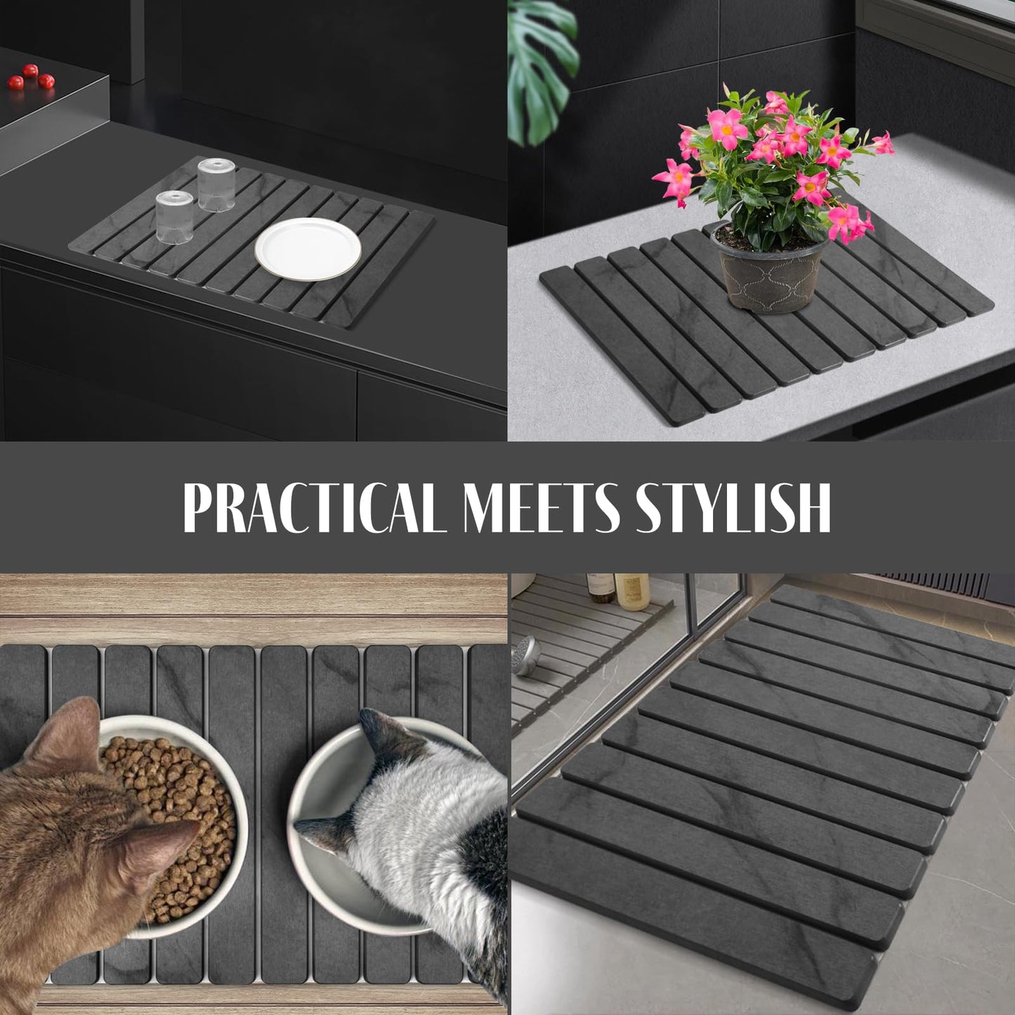 2 PCS Large Stone Dish Drying Mats for Kitchen Counter, 61"(L)×41"(W) Marble Pattern Dish Drying Mat with 20"x 10" Coasters, Collapsible Quick-Dry Diatomite Drying Mat for Dishes, Bottles & Cups