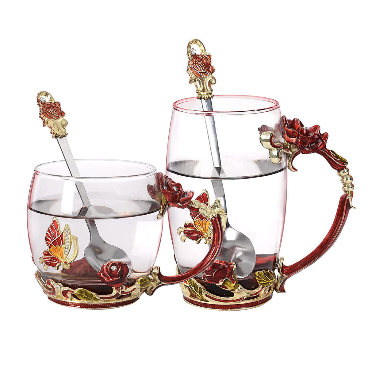 WOBOX Glass Coffee Cup Tea Mug & Gifts with Spoon Set Handmade Enamel Butterfly Rose Flower for Mothers Day Gift, Women(2 Set Red)