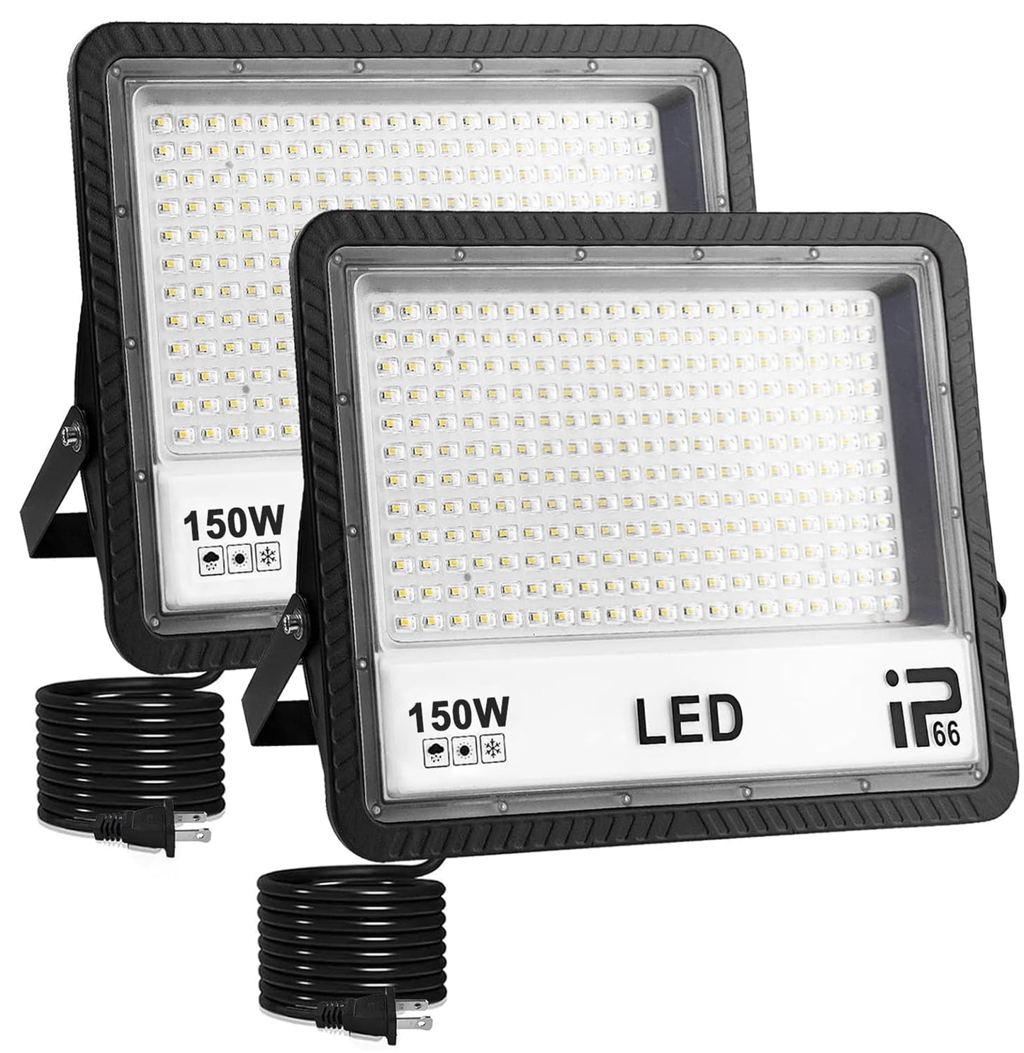 LED Flood Lights Outdoor, 2 Pack 150W 15000LM Bright Floodlight Outside Work Light with Plug, IP66 Waterproof 6500K Outdoor LED Flood Light for Garage, Yard, Lawn, Garden
