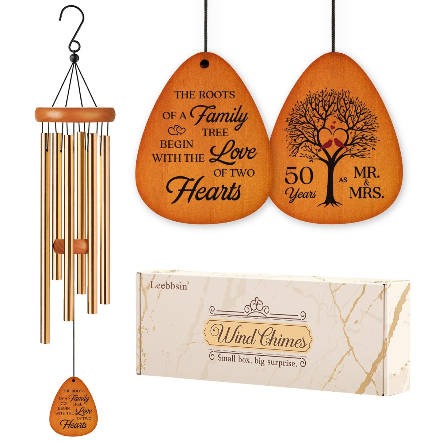 Leebbsin 50th Anniversary Wedding Wind Chime - Romantic Golden for Couple, Parents, Wife, Husband, Friends - Keepsake Ideas