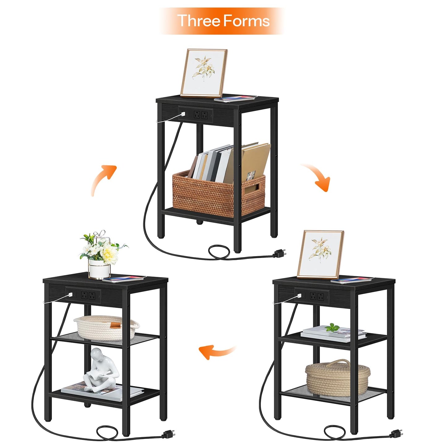 HOOBRO End Table with Charging Station and USB Ports, 3-Tier Nightstand with Adjustable Shelves, Narrow Side Table for Small Space in Living Room, Bedroom and Balcony, Black BB112BZ01