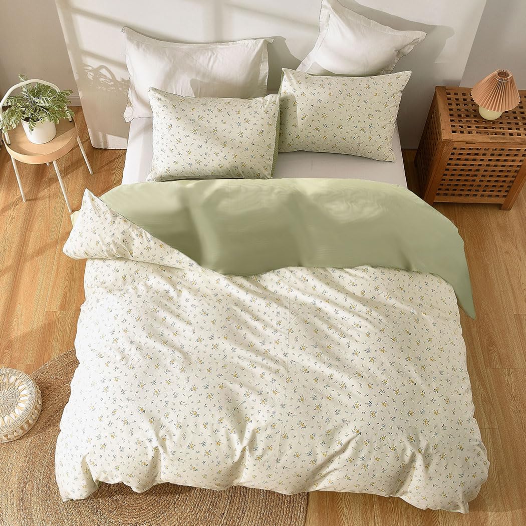 Conworld 100% Washed Cotton Duvet Cover Queen, Ultra Soft Breathable Floral Queen Duvet Cover Bedding Sets with Zipper Closure & Corner Ties, Green