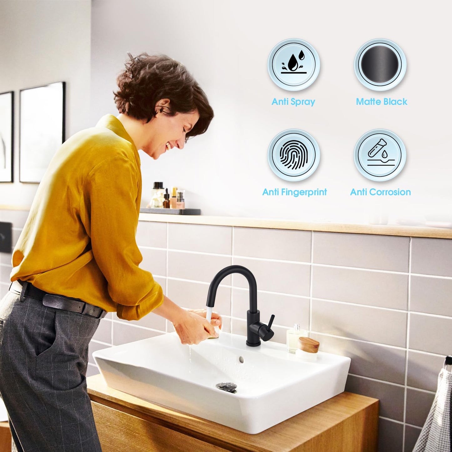 CREA Bar Sink Faucet in Black, Single-Handle 360° Swivel Farmhouse Bathroom Lavatory Sink Faucet Mixer, Small Kitchen Faucet Tap with 4 Inch Deck Plate, Black