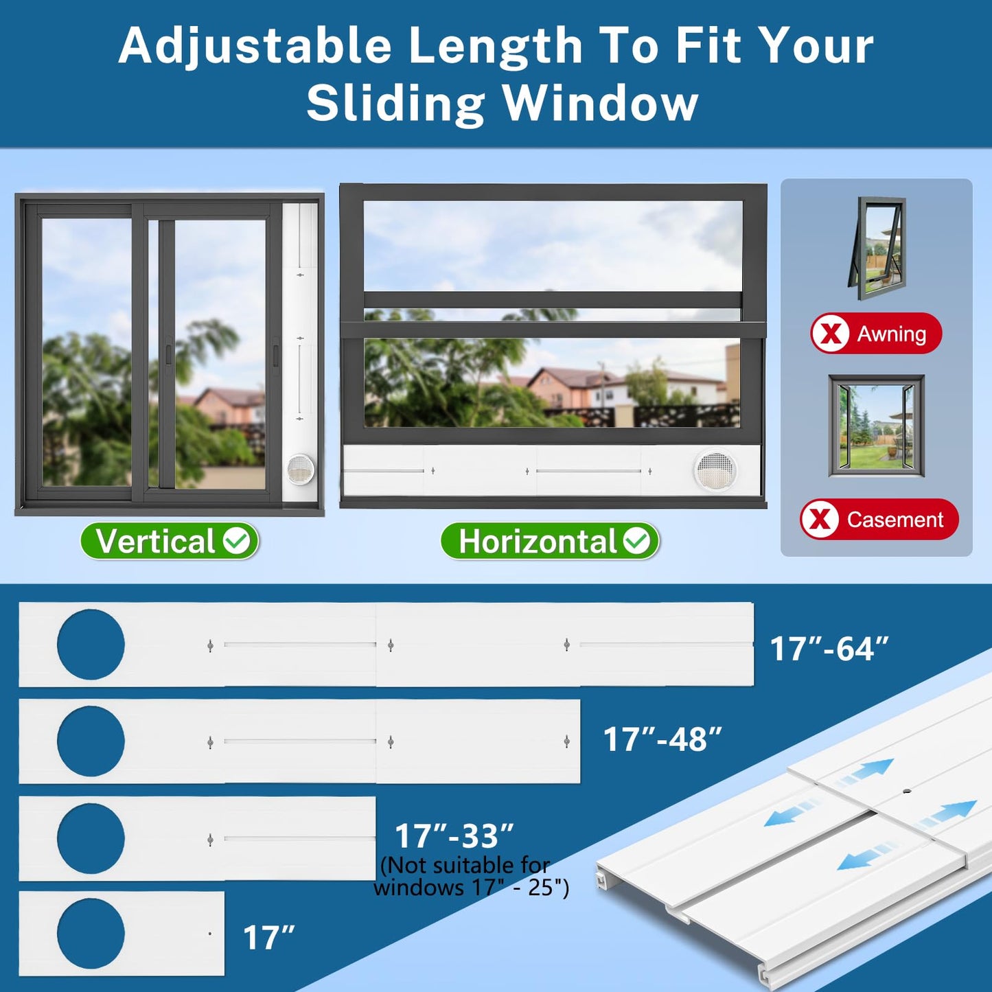 Portable AC Window Vent Kit with 5.9" Exhaust Hose & Coupler, Insputer Universal Adjustable Air Conditioner Window Seal Kit for Sliding Vertical/Horizontal Windows (4 Pcs)