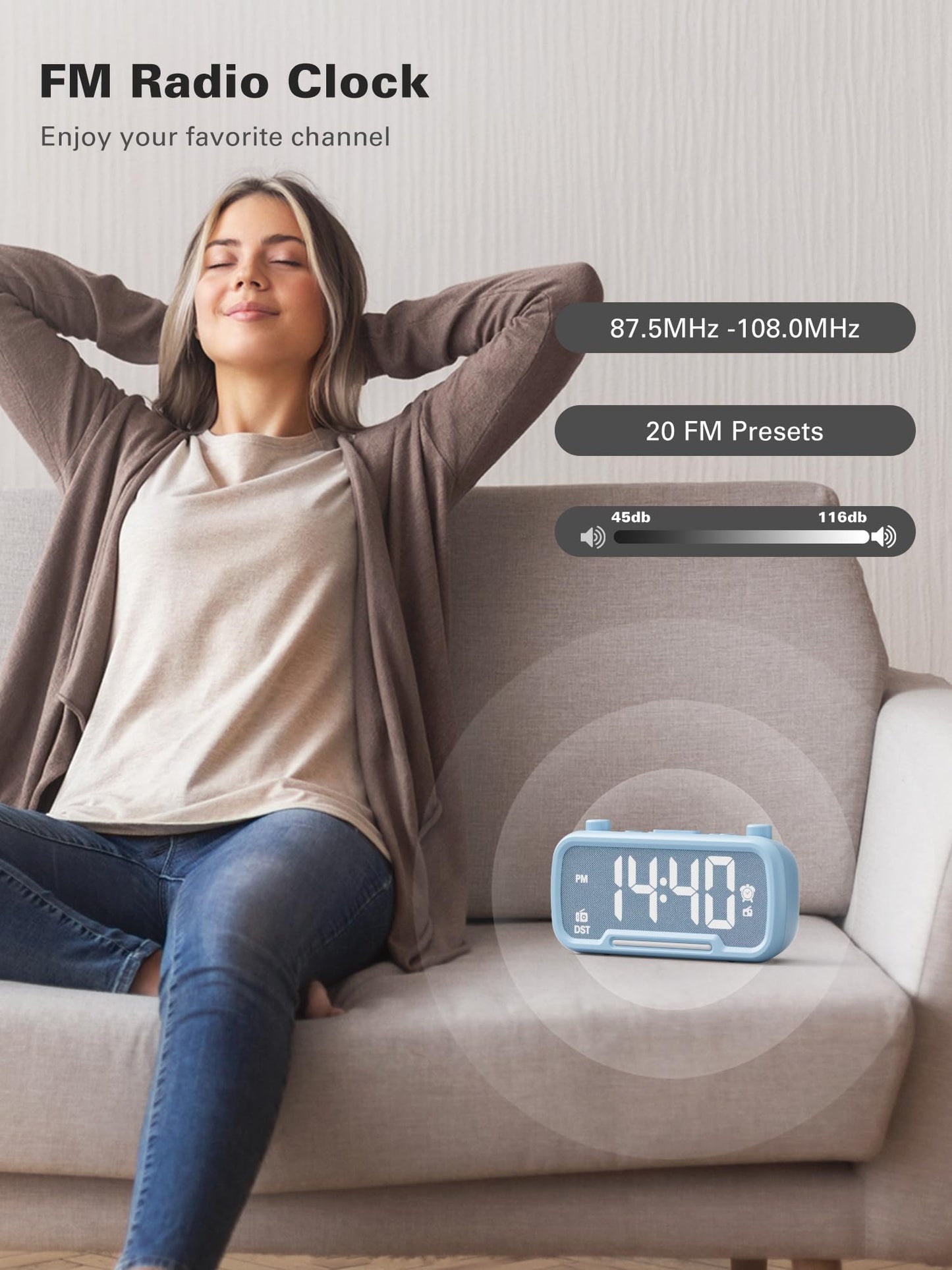 Radio Alarm Clock with Bluetooth Speaker, FM Clock Radio for Bedroom, Digital Alarm Clock with LED Night Light, 5-Level Brightness, 16-Level Volume, Phone Charger, Snooze, Battery Backup, 12/24H & DST
