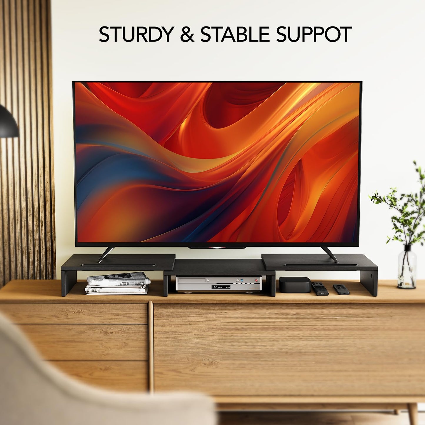 AMERIERGO Dual Monitor Stand -Adjustable Length and Angle, Dual Monitor Riser, Computer Monitor Stand w/2 Slot, Desktop Organizer, Monitor Stand Riser for PC, Computer, Laptop (Black)