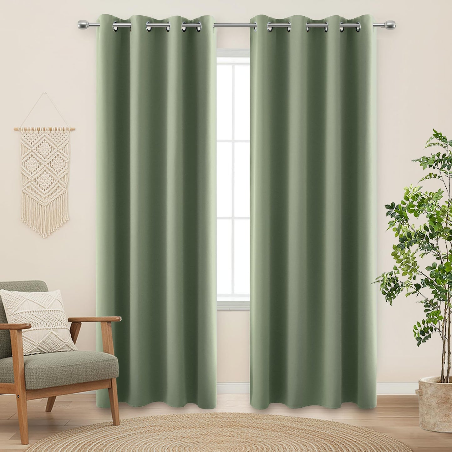 Sage Green Blackout Curtains 2 Panels, Rideau Opaque, Summer Boho Black Out Sound Proof Darkening Grommet Thermal Insulated Window Curtains Drapes 84 Inch Long for Bedroom Living Room