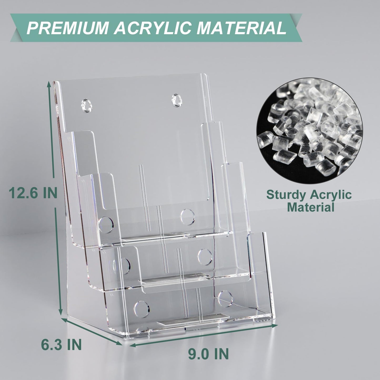 Acrylic Brochure Holder 8.5 x 11 inches, 3 Tier Clear Literature Holder with Removable Divider for Trifold 4 Inches Wide Pamphlet, Plastic Flyer Display Stand for Magazine, Document, Booklet