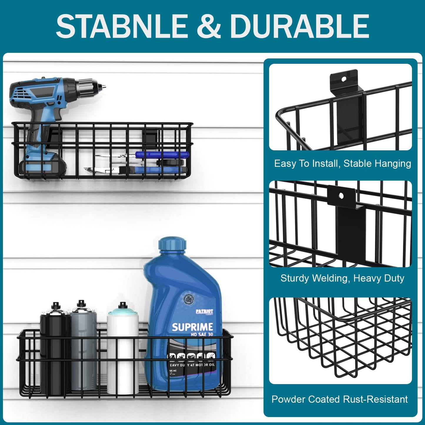 DAANXW 4 Pack Large Slatwall Baskets Set, Ventilated Metal Hanging Storage Slat Wall Basket, Mounted Slatwall Accessories for Garage Storage Organizing Display on Slatwall Panels bins (Black)