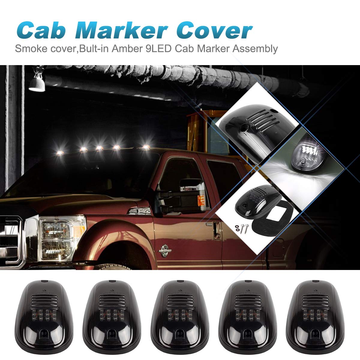 Partsam 5pcs 12LEDs Smoke/White Cab Roof Top Marker Running Lights 264146BK Replacement for Dodge Ram 2003-2018 (Smoked Lens/White Lights)