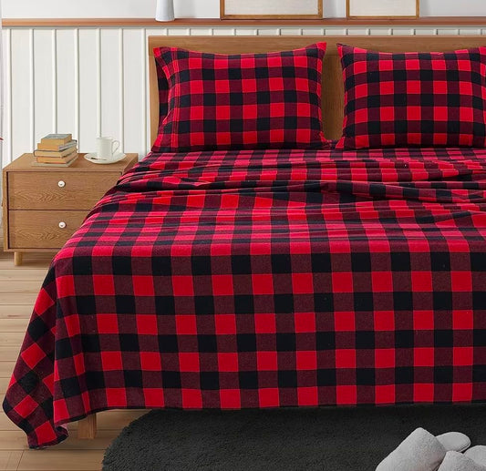 100% Cotton Flannel Sheets Set - Queen Size Flannel Sheets, 4-Piece Luxury Bedding Sets, Lightweight, Brushed for Extra Softness, Warm and Cozy, 16" Deep Pocket - Buffalo Check Red