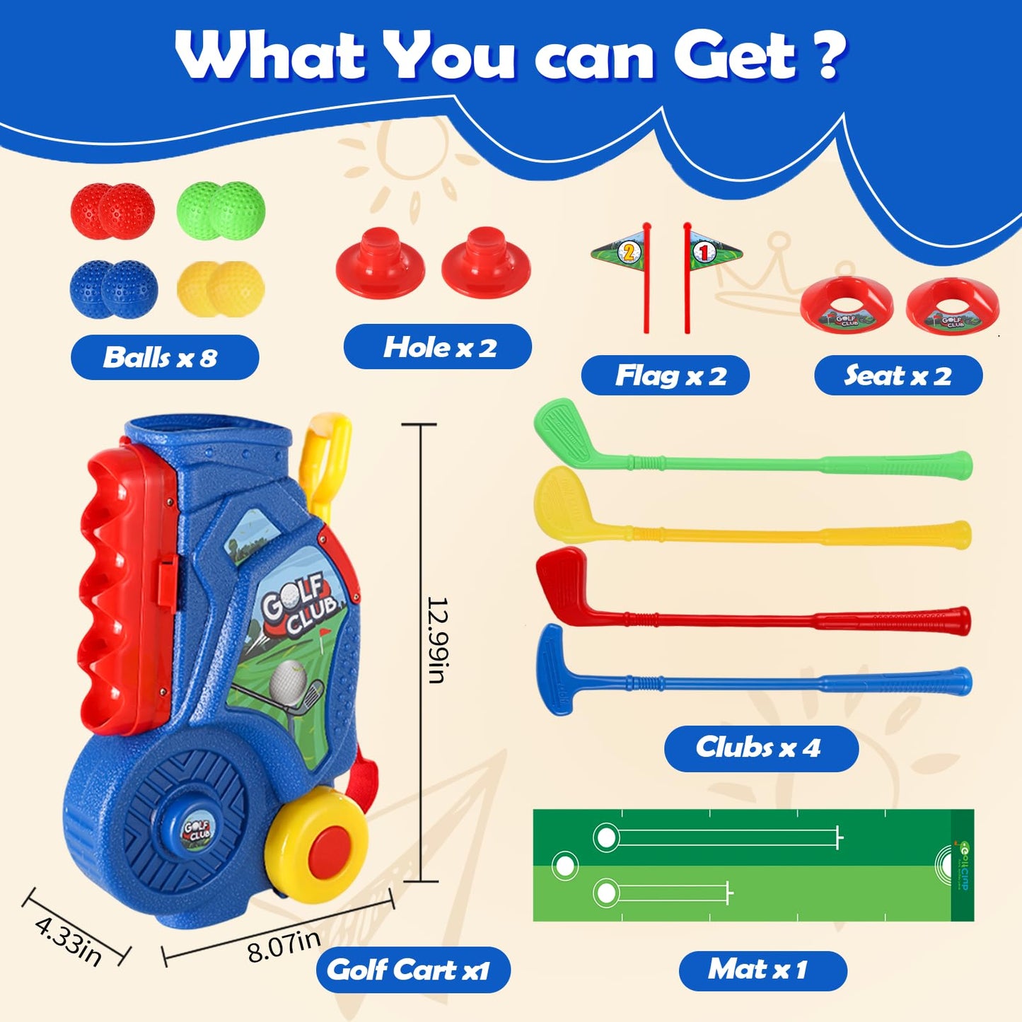 SUPER JOY Toddler Golf Set with Mat, Kids Golf Cart with 4 Clubs & 8 Balls, Indoor Outdoor Golf Toys for Boys Girls, Mini Golf Gifts for Baby 3-5 Years Old