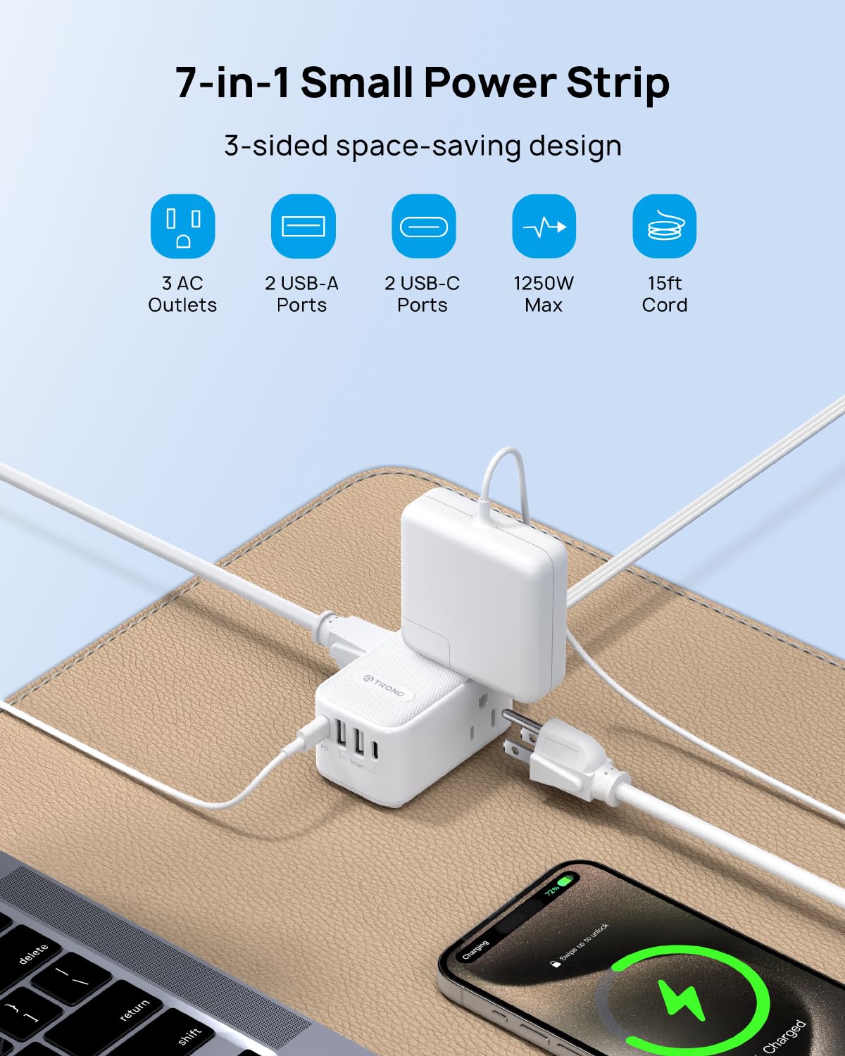 TROND Flat Plug Extension Cord Indoor with PD 20W USB C, 15ft Right Angle Small Power Bar, 3 Way Multiple Outlets, 4 Charging Ports (2 USB-C), Home Office Supplies Dorm Room Essentials, White