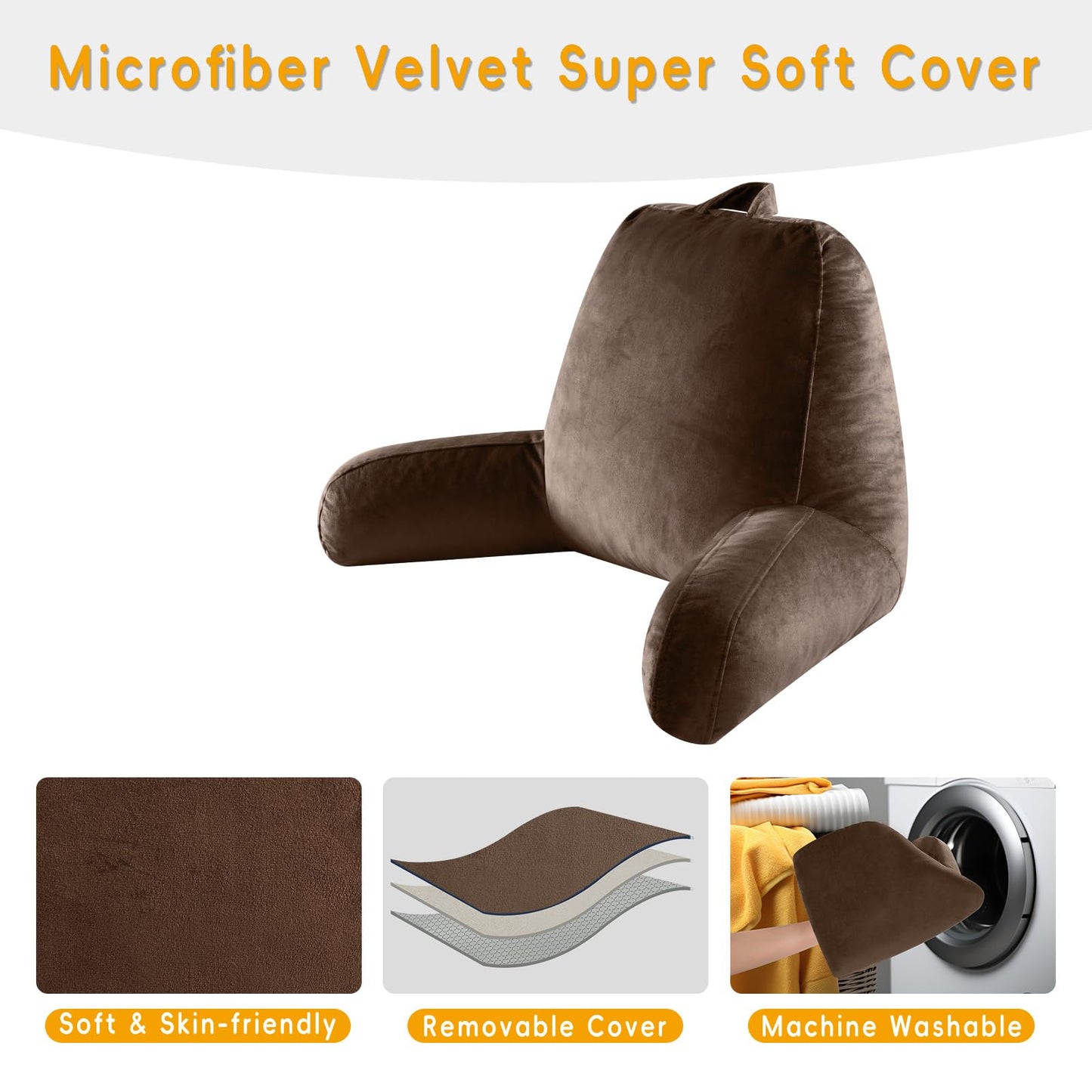 Reading Pillow for Sitting in Bed Adult, Reading Pillow with Shredded Memory Foam, Washable Cover, Back Pillow Sitting Up with Extend Arms, Gery, Large