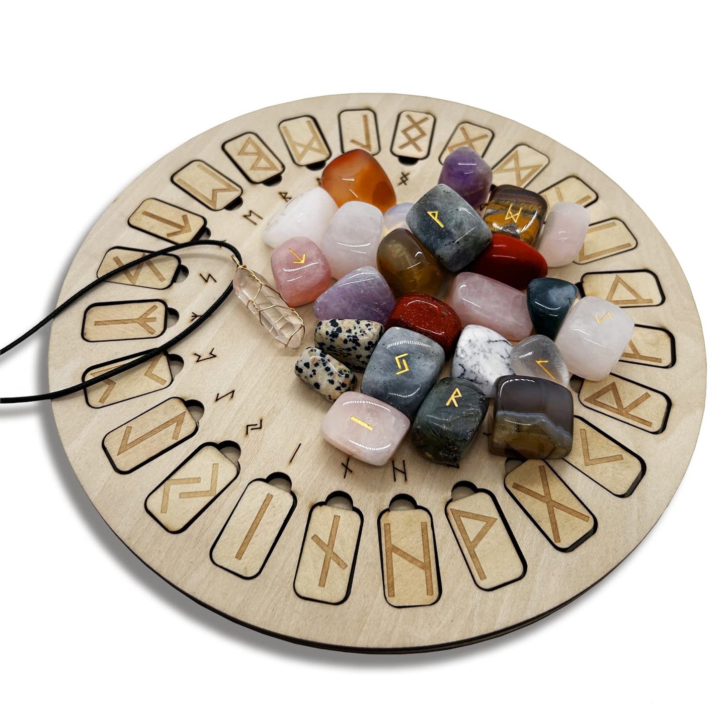Rune Stone Set, Wooden Disc with Eternal Life Inscription and Mixed Color Crystal Rune Set for Meditation and Witchcraft Healing, Chakra Balancing for Beginners (Mixed Color Rune Set)