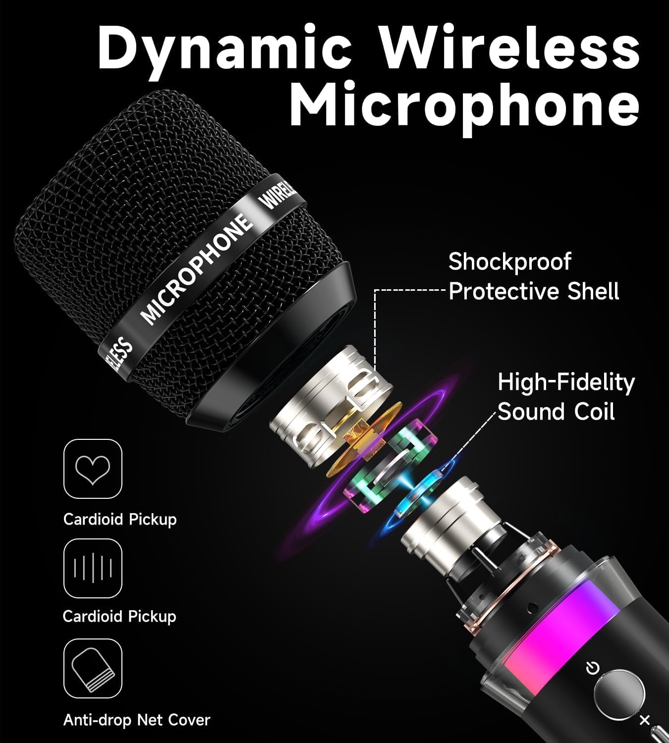 Wireless Microphone, Rechargeable Wireless Microphones with One-to-One Chip Connection and LED Lights, 40H Duration, 200FT Range Receiving, Less Latency Karaoke Microphone for Singing (Black)