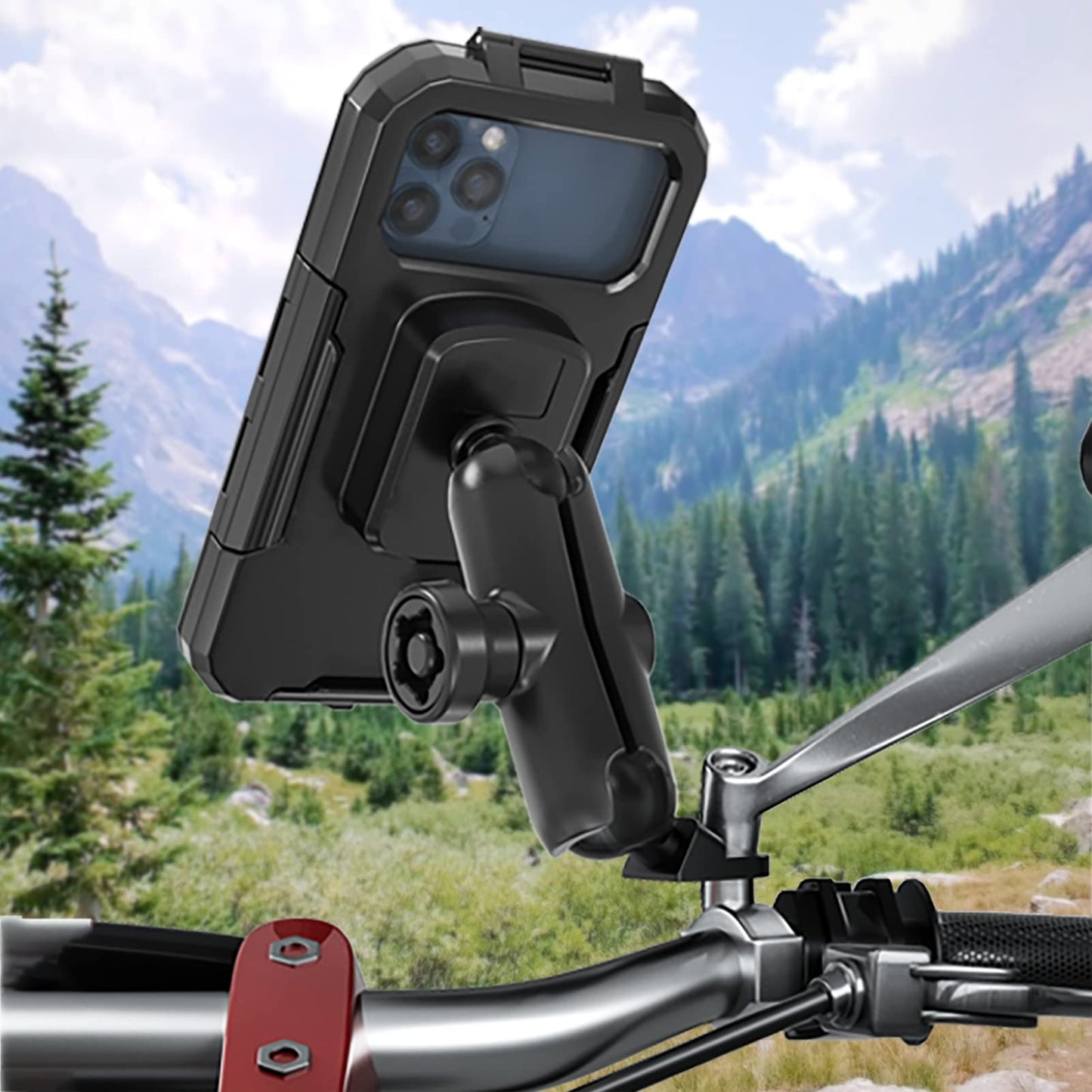 iMESTOU Waterproof Motorcycle Phone Mount Bike 1" Ball Cellphone Holder for Rear-View Mirror Installtion with Anti-Theft Double Socket Arm 720° Rotation for 5.5"-6.8" Smartphones (Size L)