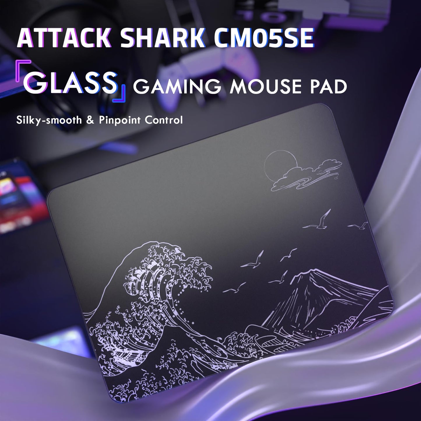 ATTACK SHARK CM05SE Glass Gaming Mouse Pad, 16.14x12.20x0.2in Mouse Mat, Non Slip 9H Hard Mousepads, Nano-Textured Glass Surface with Improved Precision and Speed for FPS Players-Black Wave