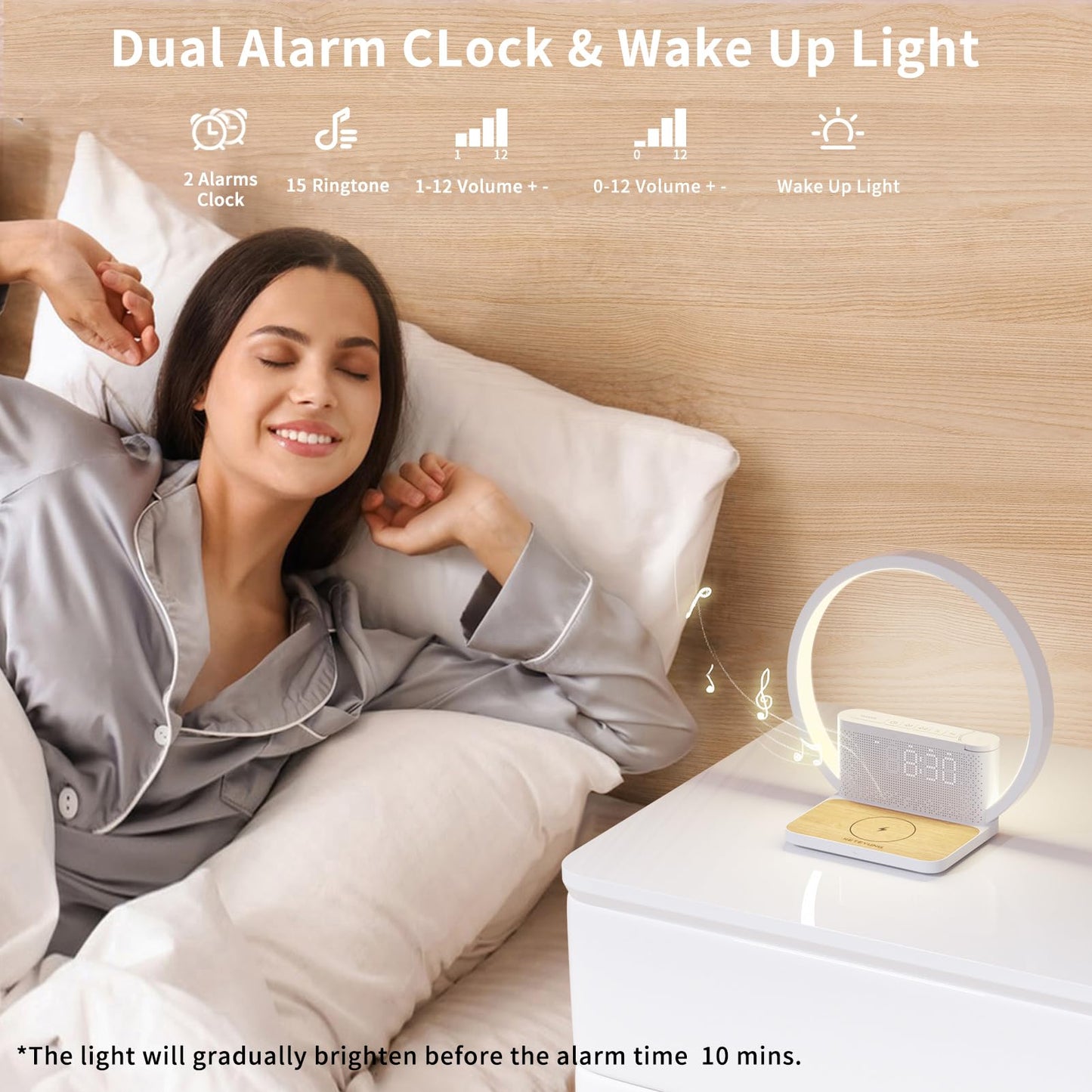 Sunrise Alarm Clock for Heavy Sleepers,Touch Lamps for Nightstand with Wireless Charger Station for iPhone/Samsung,Sound Machine,Wake Up Light with Snooze/Timer/10 Natural Sounds/3 Dimmable