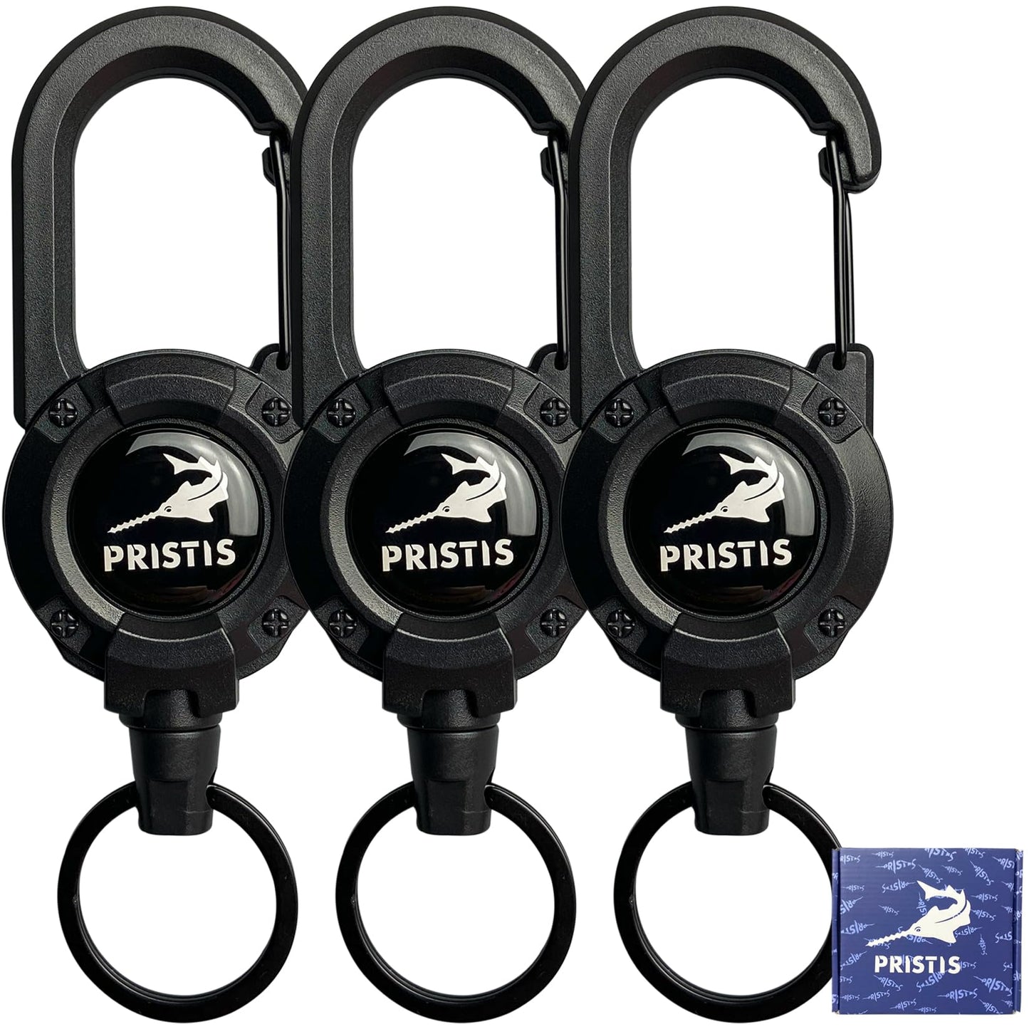 Pristis 3 Pack Heavy Duty Zinger Retractors, Saltwater Resistant 28" Stainless Steel Wire Rope Tether Carabiner Clip, Retractable Badge Reel Holder Belt Keychain Lanyard, Fly Fishing Gear Keeper