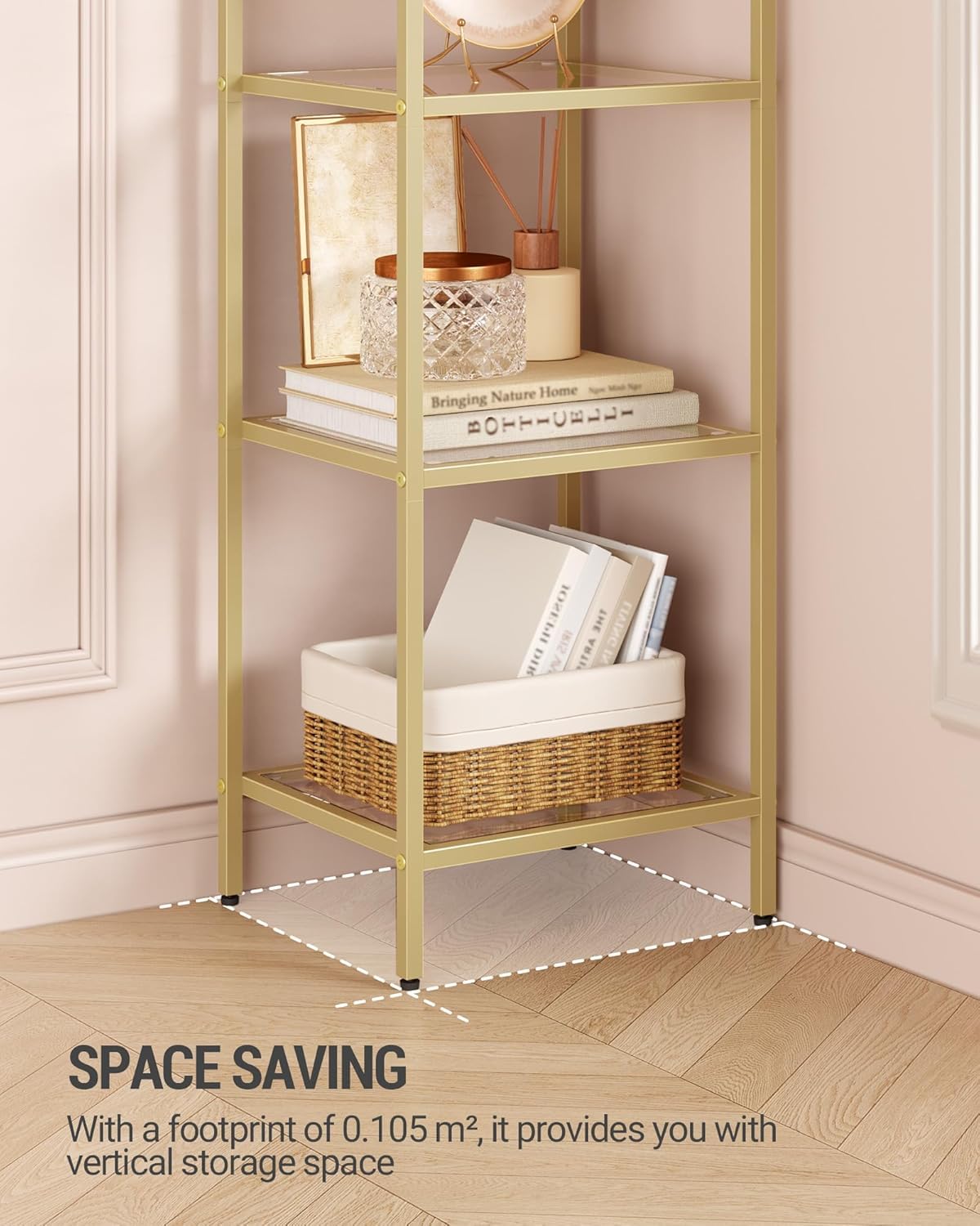 Hzuaneri Bookcase Bookshelf, Tempered Glass Arched Bookshelf for More Storage, Slim Shelving Unit for Bedroom, Bathroom, Home Office, Steel Frame, 6 Tier Gold BC20699G