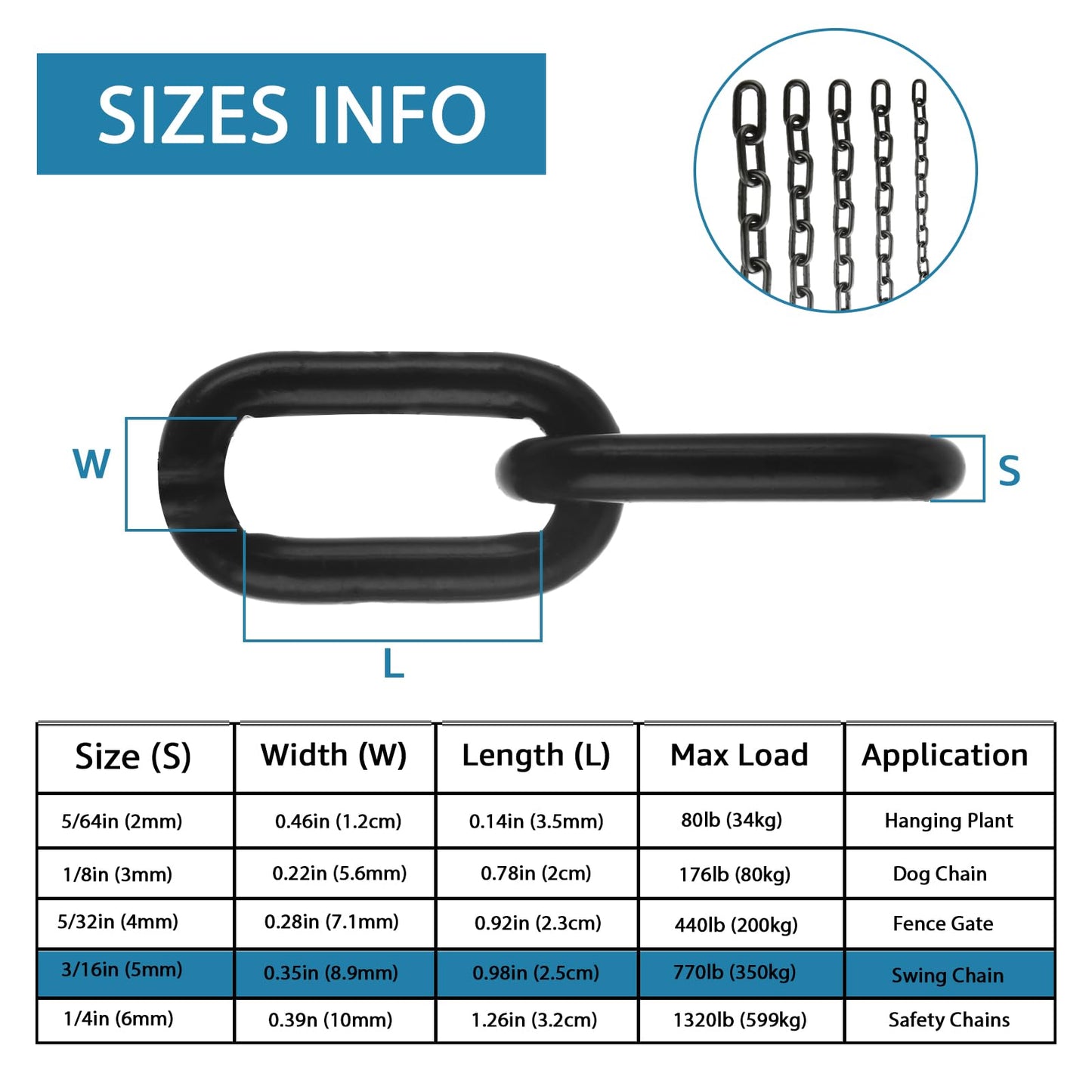 AKOLAFE 3/16" Black Chain Link 26.2 ft Long Heavy Duty Chain Bulk Decorative Chain for Hanging Hammock Chair Metal Porch Swing Chain Kit Carbon Steel Gate Chain for Outdoor Fence Boxing & Punching Bag