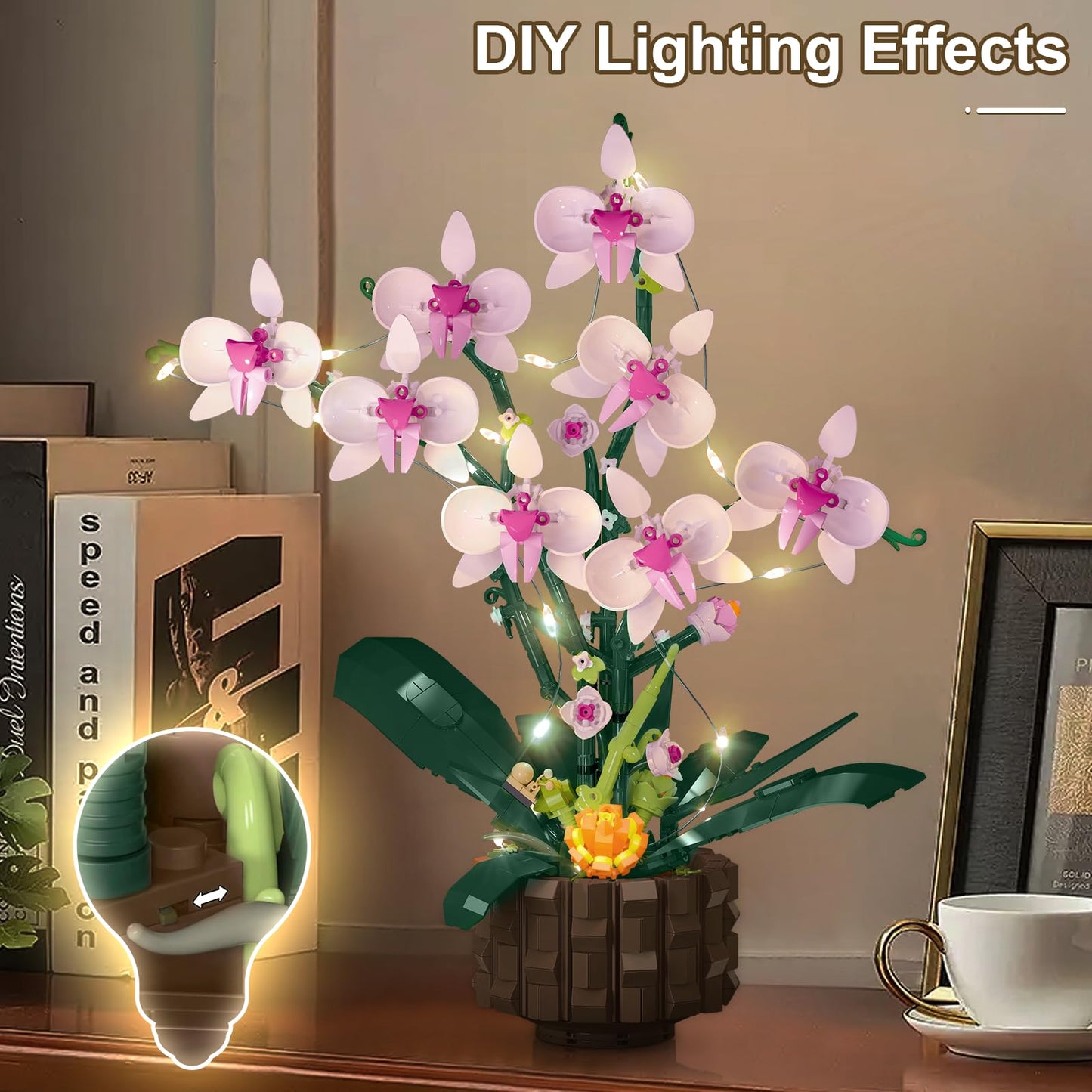 1004 Pieces Flower Building Blocks Set, Artificial Orchid Toy Building Sets with Fairy Lights and Postcards, Creative Flower Construction Kits for Adults and Kids Aged 8-14, Ideal present for Festival