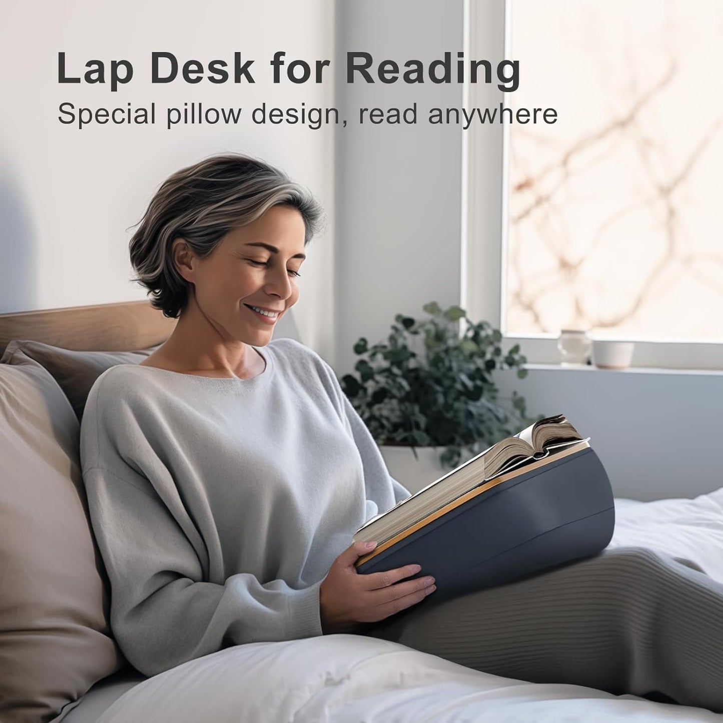 Lap Beanbag Book Stand for Reading, Comfortable Pillow Book Holder for Sofa, Bed, Desk, Hands-Free, Minimize Neck Strain, Gift for Book Lovers, Compatible with Laptop and Tablet (Gray)
