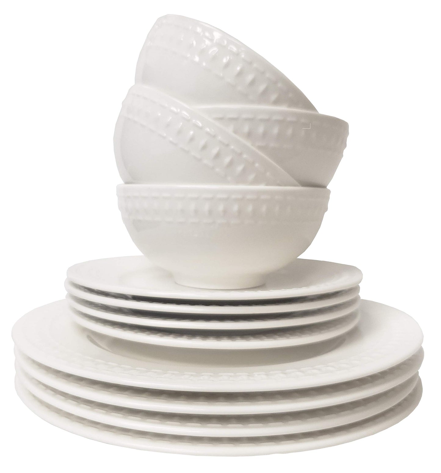 Tabletops Gallery Embossed White Porcelain Round Dinnerware - Bloom 12 Piece Dinnerware Set