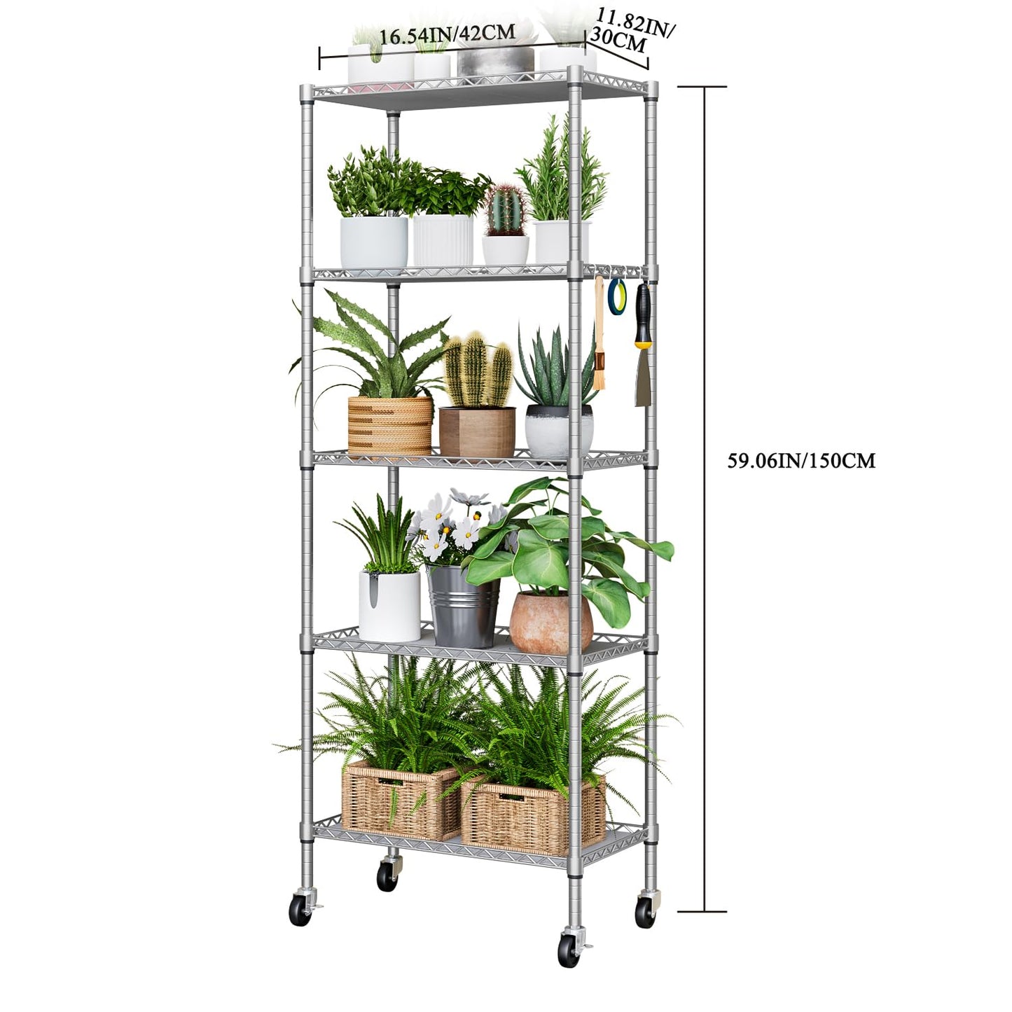 5 Tier Shelving Unit Adjustable Storage Shelf Metal Storage Rack Wire Storage Shelves with Heavy-Duty Rubber Metal Wheels for Laundry Bathroom Kitchen Pantry Closet (Silvery, 5 Tier)