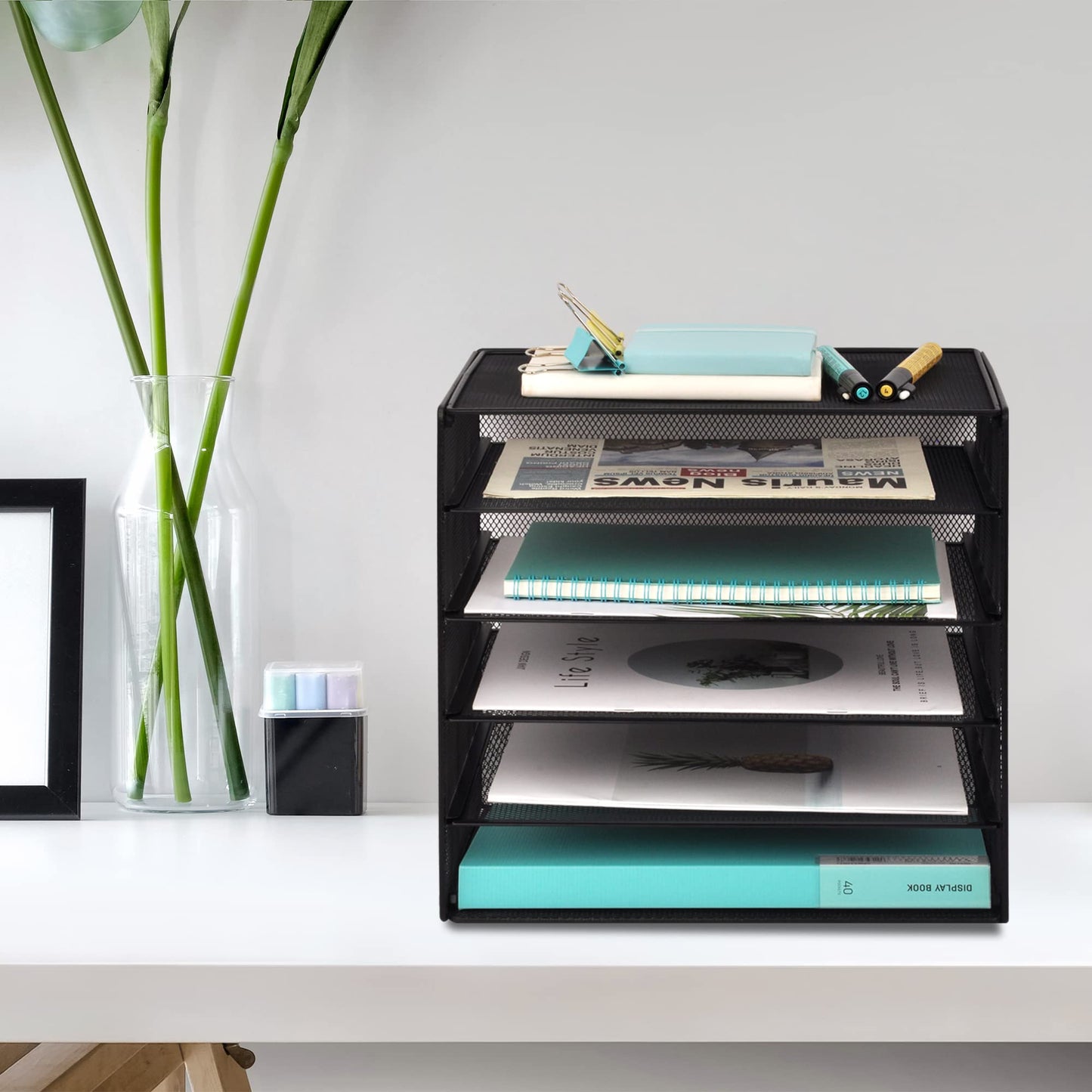 EASEPRES 6 Slot Wire Desk File Organizer Tray, Mesh Filling Paper Letter Tray Metal Desktop Paper Sorter Literature Organizer Rack for Home Office School, Black