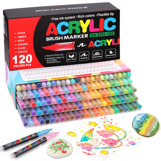 120 Colors Soft Brush Tip Acrylic Paint Markers Set, Pens for Rock, Wood, Fabric, Canvas, Glass, DIY Crafts, Waterproof Markers, Vibrant Acrylic Paint Pens for Artists and Art Projects