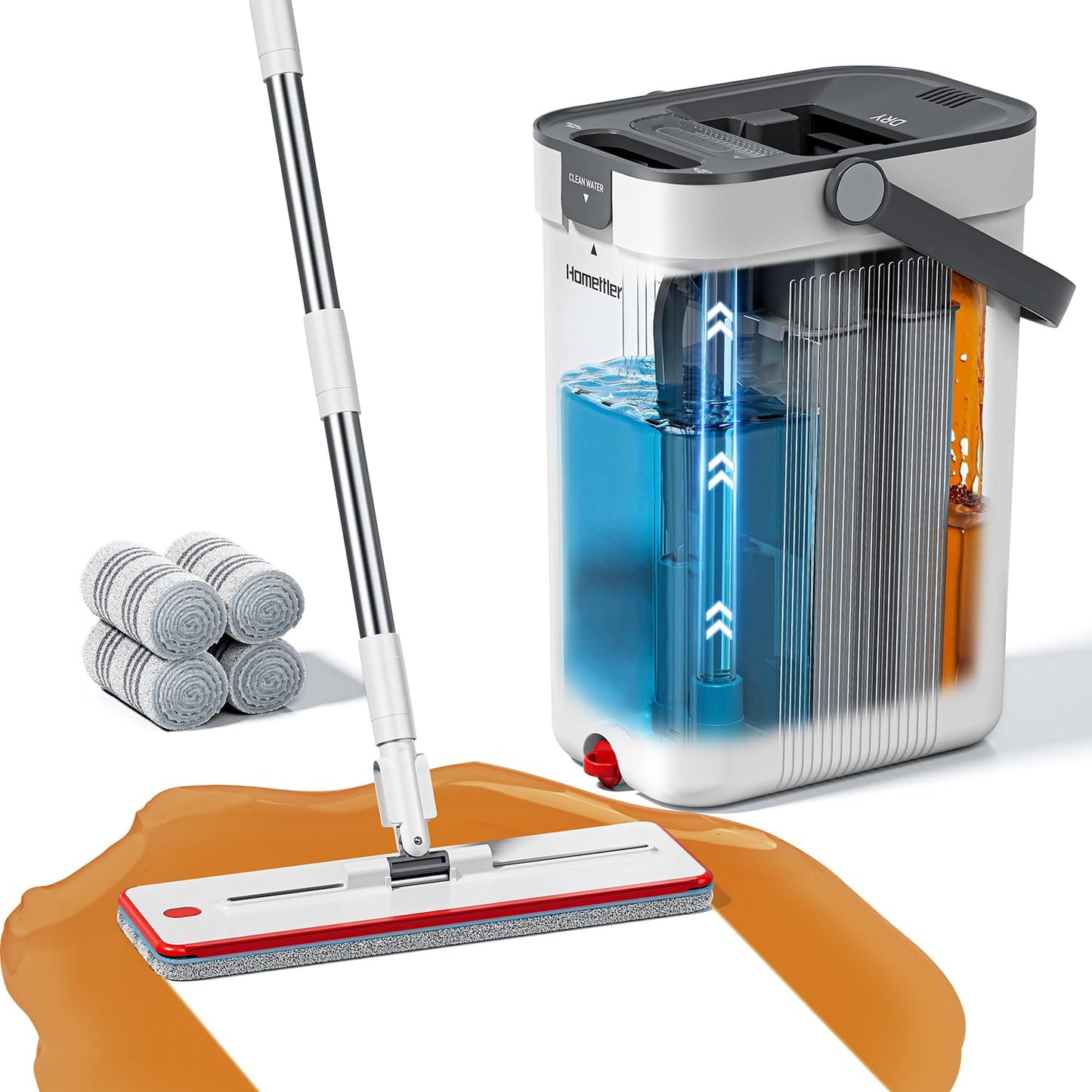 Mop and Bucket Set, 3-Tank Flat Mop and Bucket System for Separate Dirty & Clean Water, 65" Mops for Floor Cleaning with Washable Pads (Flat Mop Bucket with 4 Pad)