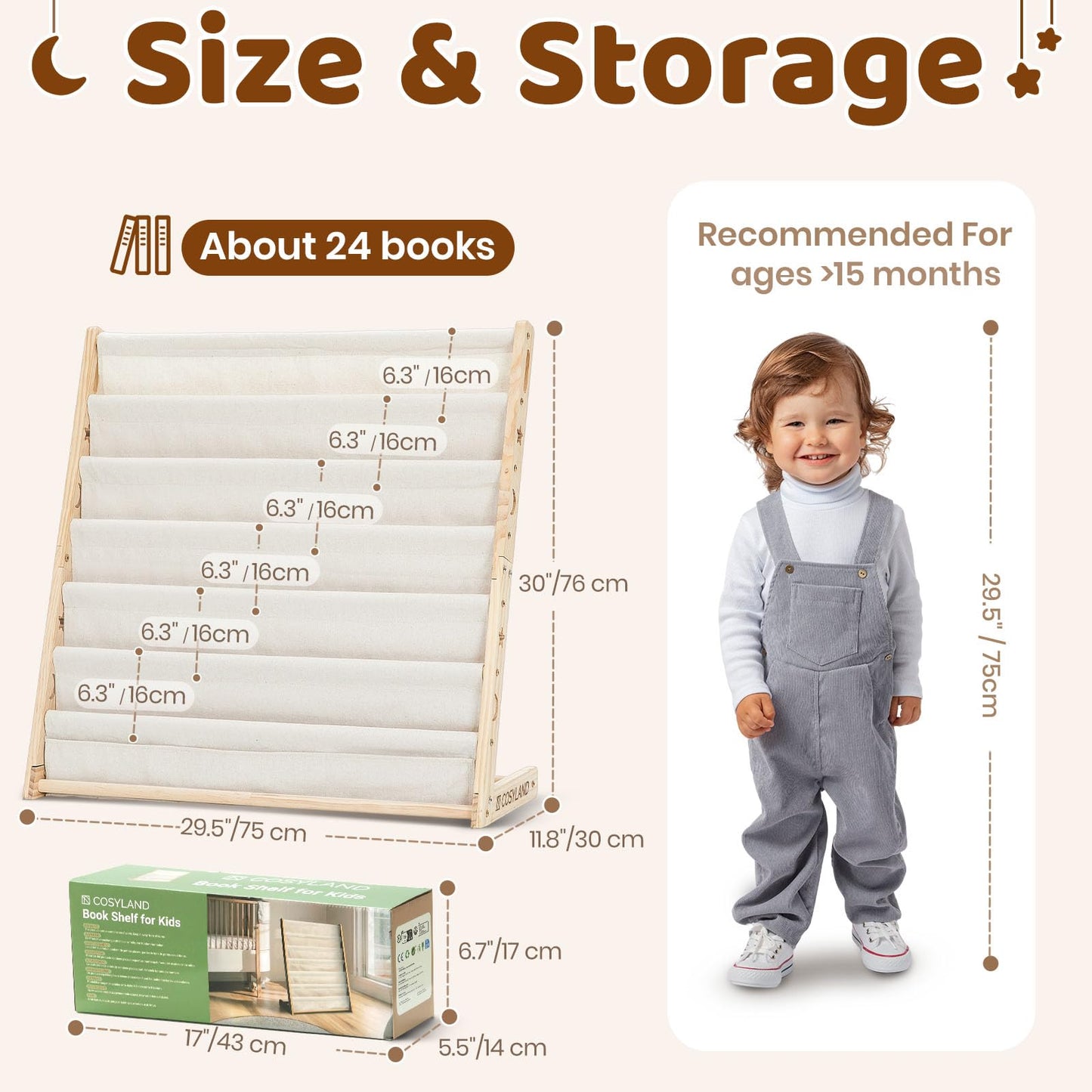 COSYLAND 6-Tier Kids Bookshelf - Toddler Book Display Shelves for Classrooms, Playrooms and Nursery - Wooden Book Shelf for Kids Rooms (Natural, 75 Cm Wide)