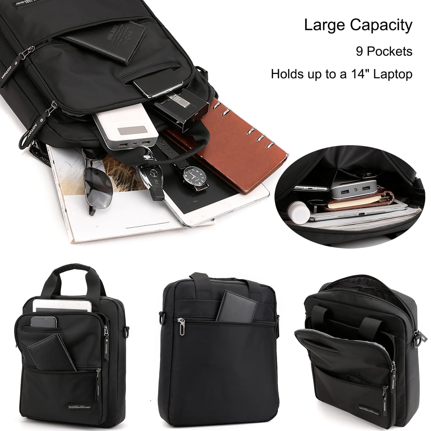 Men's 14-inch Laptop Messenger Bag Nylon Large Shoulder Bag Business Waterproof Casual Black Crossbody for Work Travel Outdoor