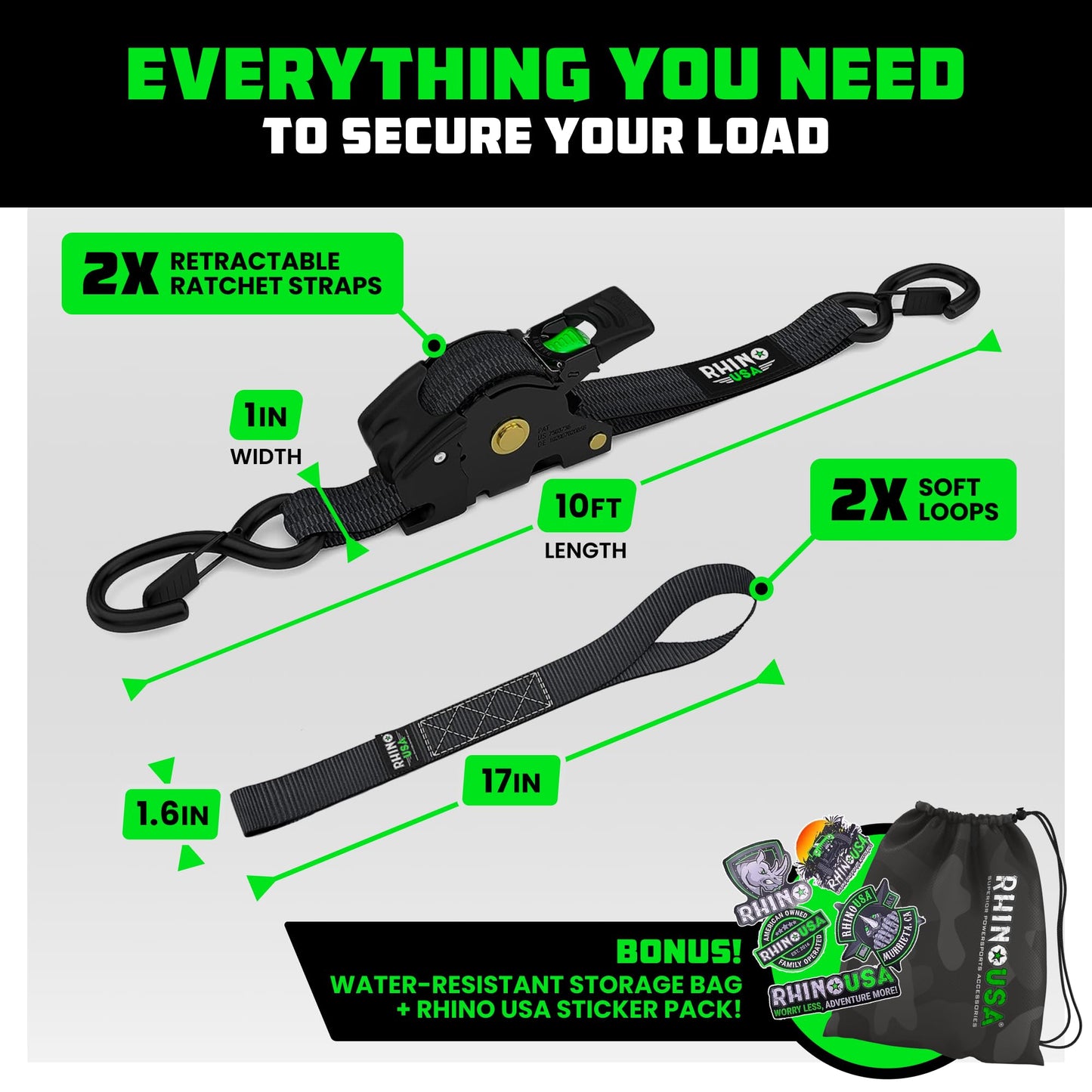 Rhino USA Retractable Ratchet Straps (2-Pack) - 1 Inch x 10 Feet (1,209lb Break Strength) - Auto Self Retracting Tie Down Straps for Truck, Cargo Trailer, Motorcycle, Rad & More - Black