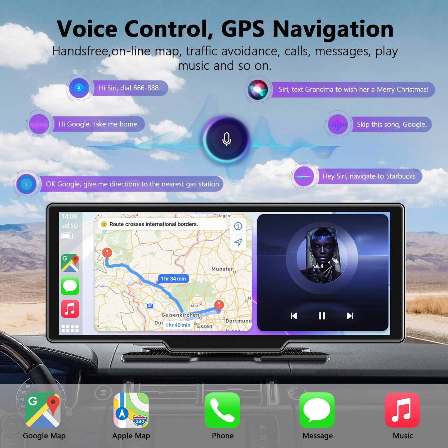 10.26 Inch Wireless Apple Carplay Screen for Car, Apple Car Play and Android Auto Screen with 4K Dash Cam Front and Rear Camera HD 1080P/FM/AUX/64G TF/Mirror Link/Voice Control/GPS Navigation