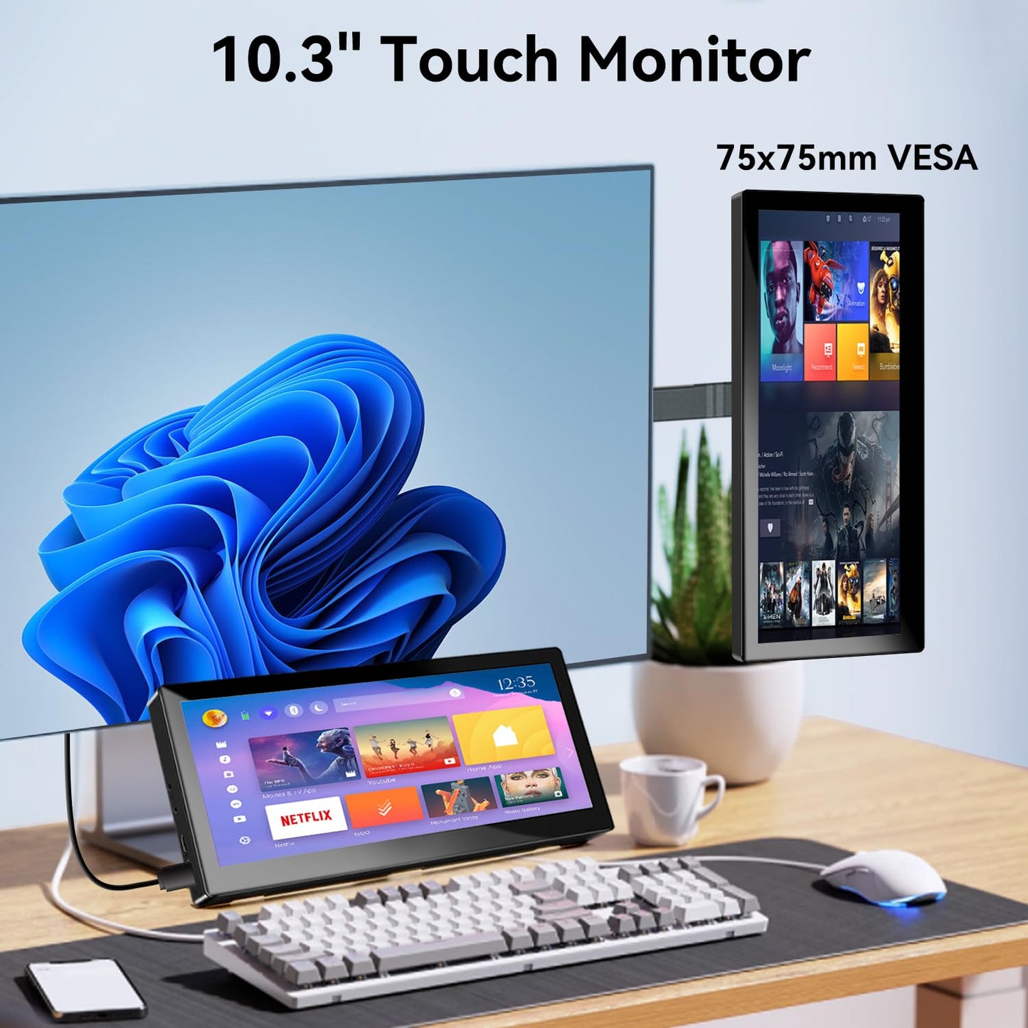 10.3'' Small Touchscreen Monitor, 400cd/m², VESA, IPS Stretched Bar LCD Mini Travel Touch Display 1920 * 720 HDMI USBC, Portable Touch Screen for Laptop Computer Windows Aida64 GPU CPU RAM Monitoring