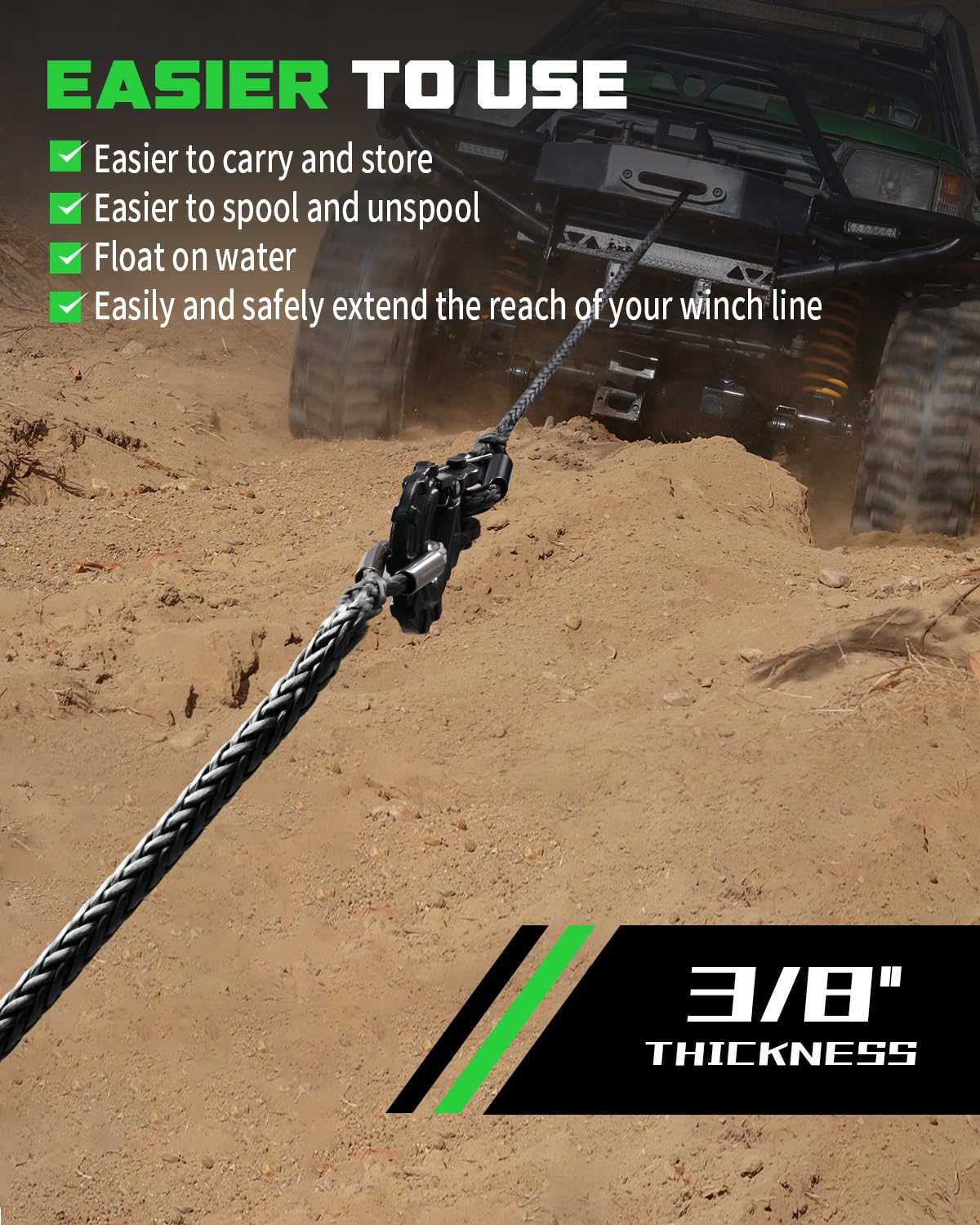 DAYDOOR 3/8'' x 50Ft Synthetic Winch Rope Extension, 26,500 Lbs Winch Extension Rope for Off Road Recovery,Synthetic Extension Line Suitable for ATV UTV SUV (Gray)