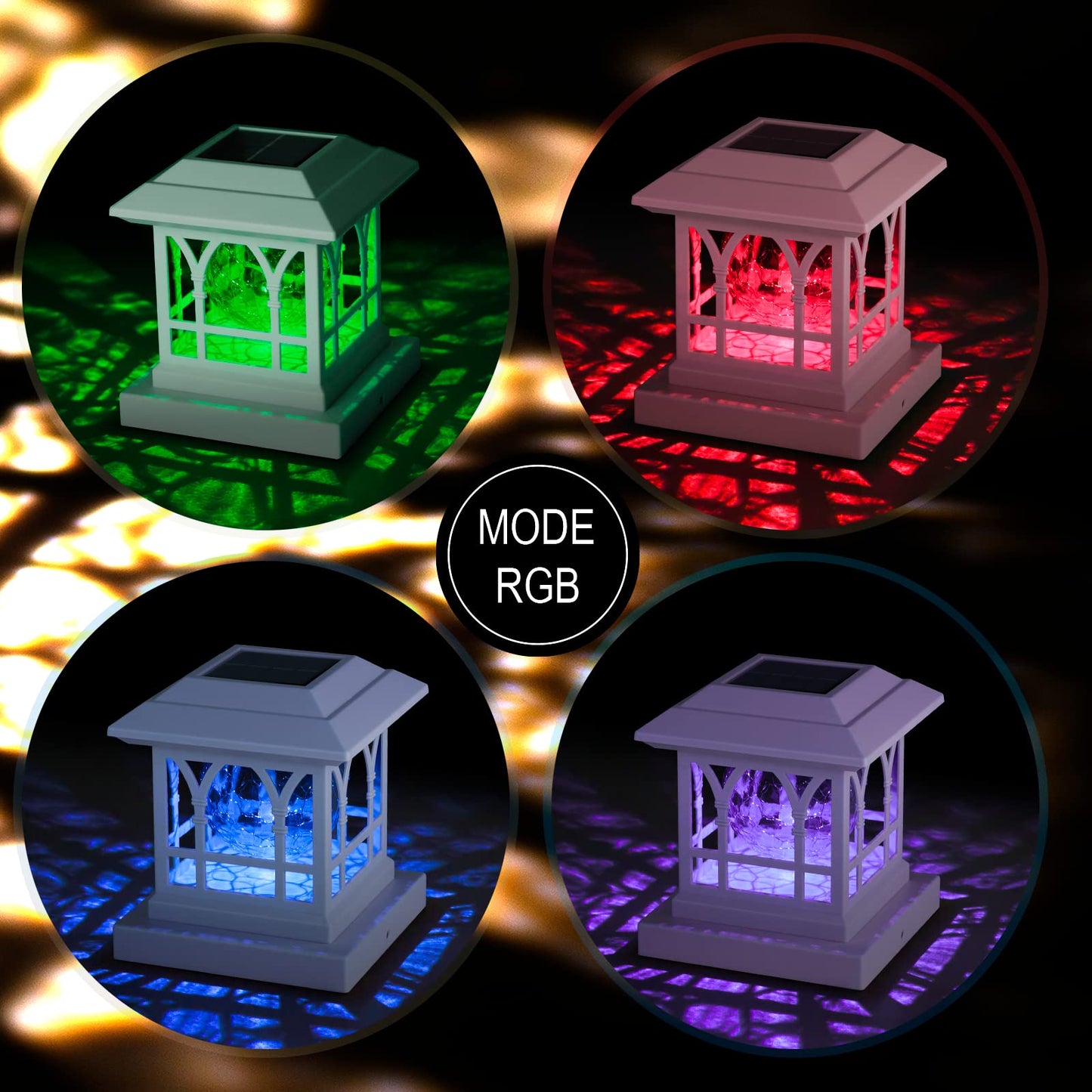 AEFRELEOHT Solar Post Cap Lights, Warm White & RGB Automatic Cycling, Cracked Glass Bulb, 20 Lumens lP65 Waterproof Fit 3.6x3.6 4x4 4.5x4.5 5x5 Wood Fence Post Solar Powered Lights White (2 Pack)
