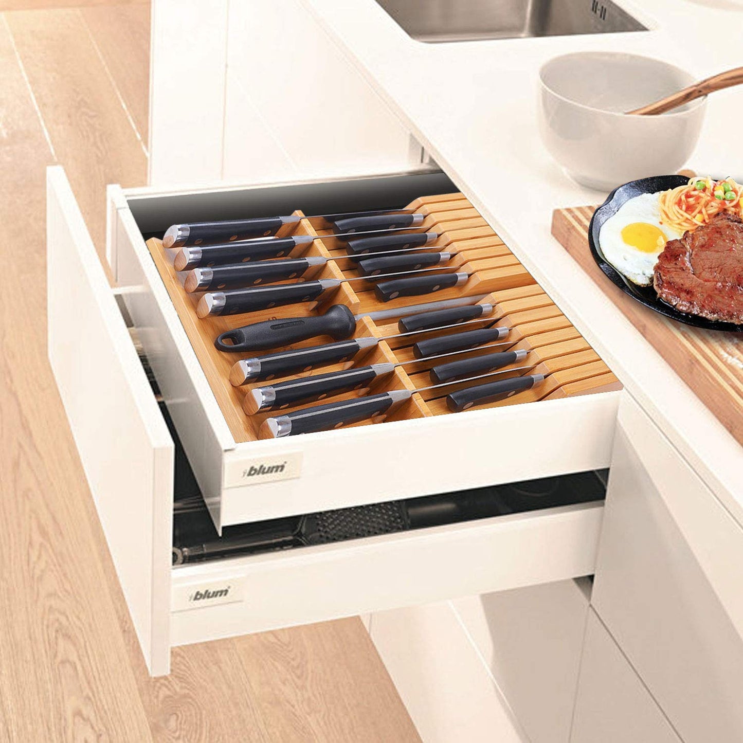 Utoplike in-Drawer Knife Block Bamboo Kitchen Knife Drawer Organizer,Large Handle Steak Knife Holder Without Knives, fit for 16 Knives and 1 Sharpening Steel (16 Knife Organizer)