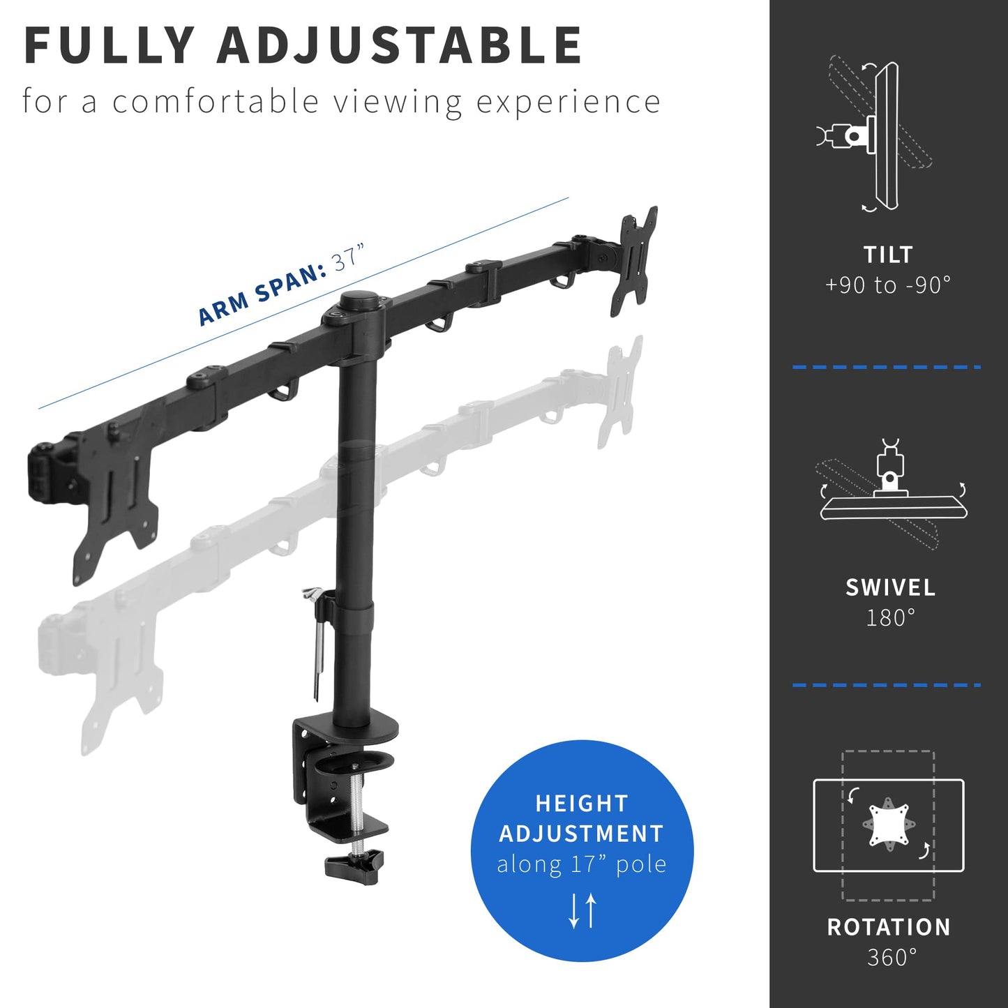 VIVO Full Motion Dual Monitor Desk Mount Clamp VESA Stand w/Double Center Arm Joint, Fits up to 34 inch Screens, STAND-V102D