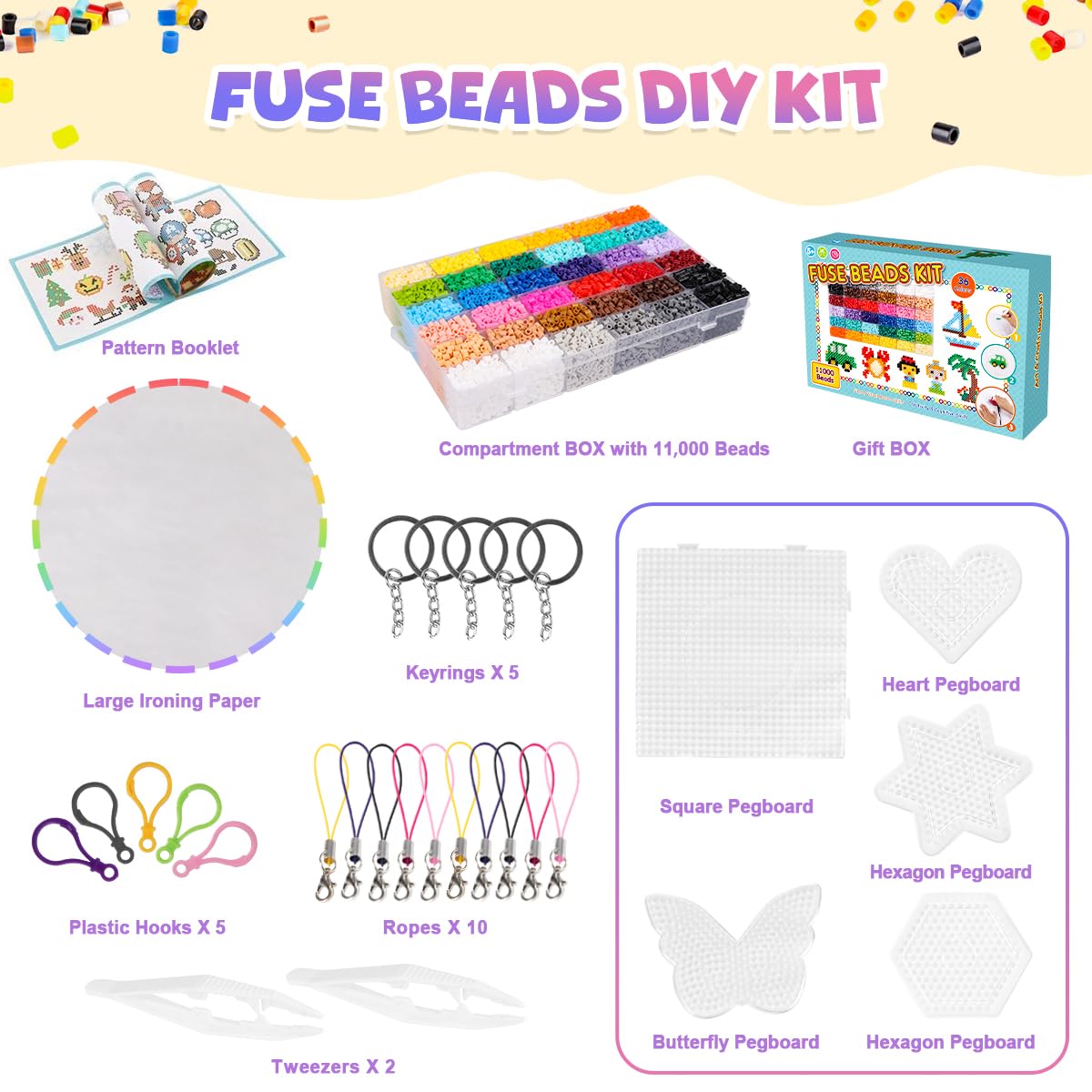 Fuse Beads Kit - 36 Colors 11,000 Melty Beads DIY Art Craft Set for Kids with 5 Pegboards, Ironing Paper, Chain Accessories, Birthday Toys for Boys Girls