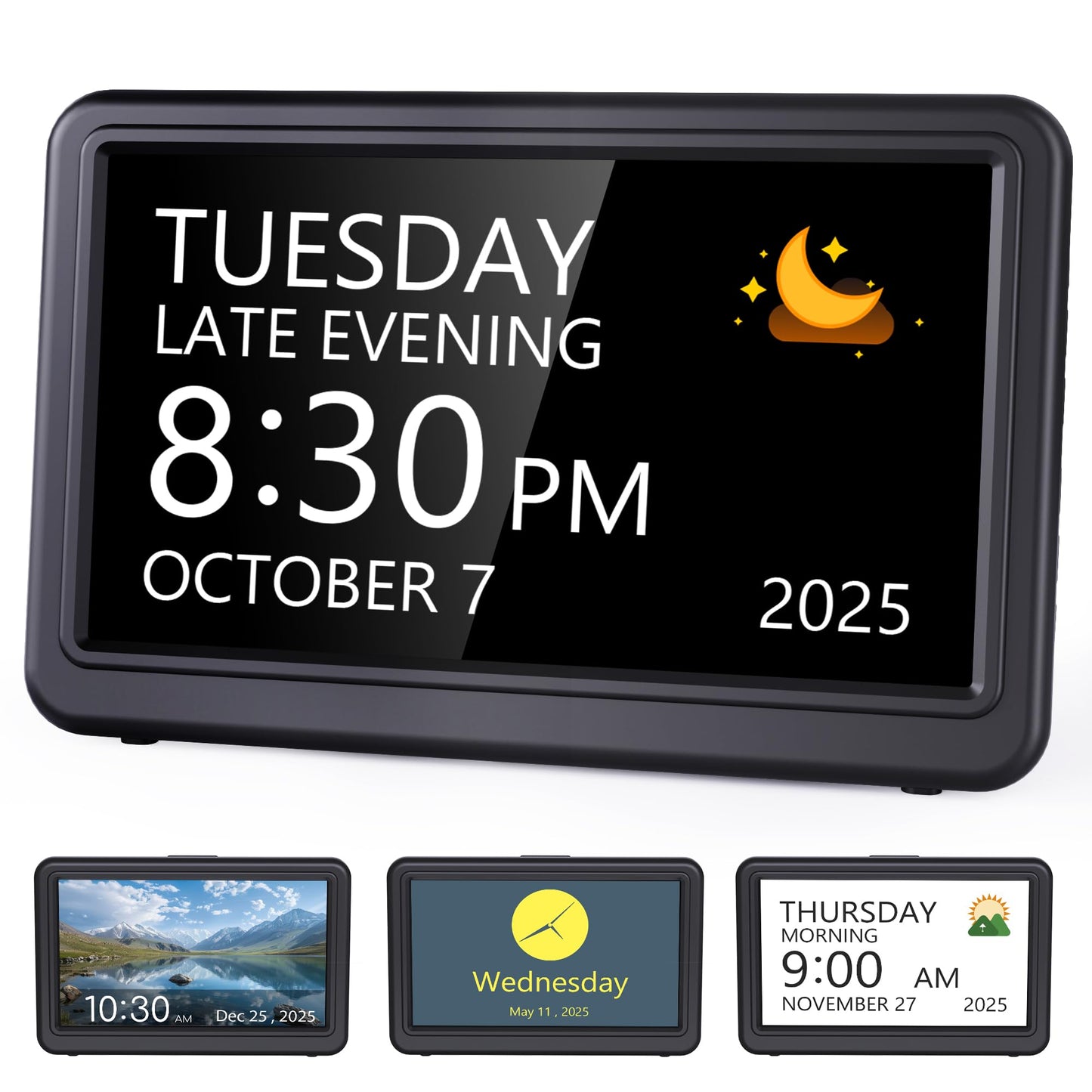 Raynic Date Clock, 7 Inches Digital Calendar Clock with 12 Themes, 20 Alarms, 20 Reminders, Semi-Automatic Dimming, 12/24 Hours, Auto DST for Desktop, Office, Students