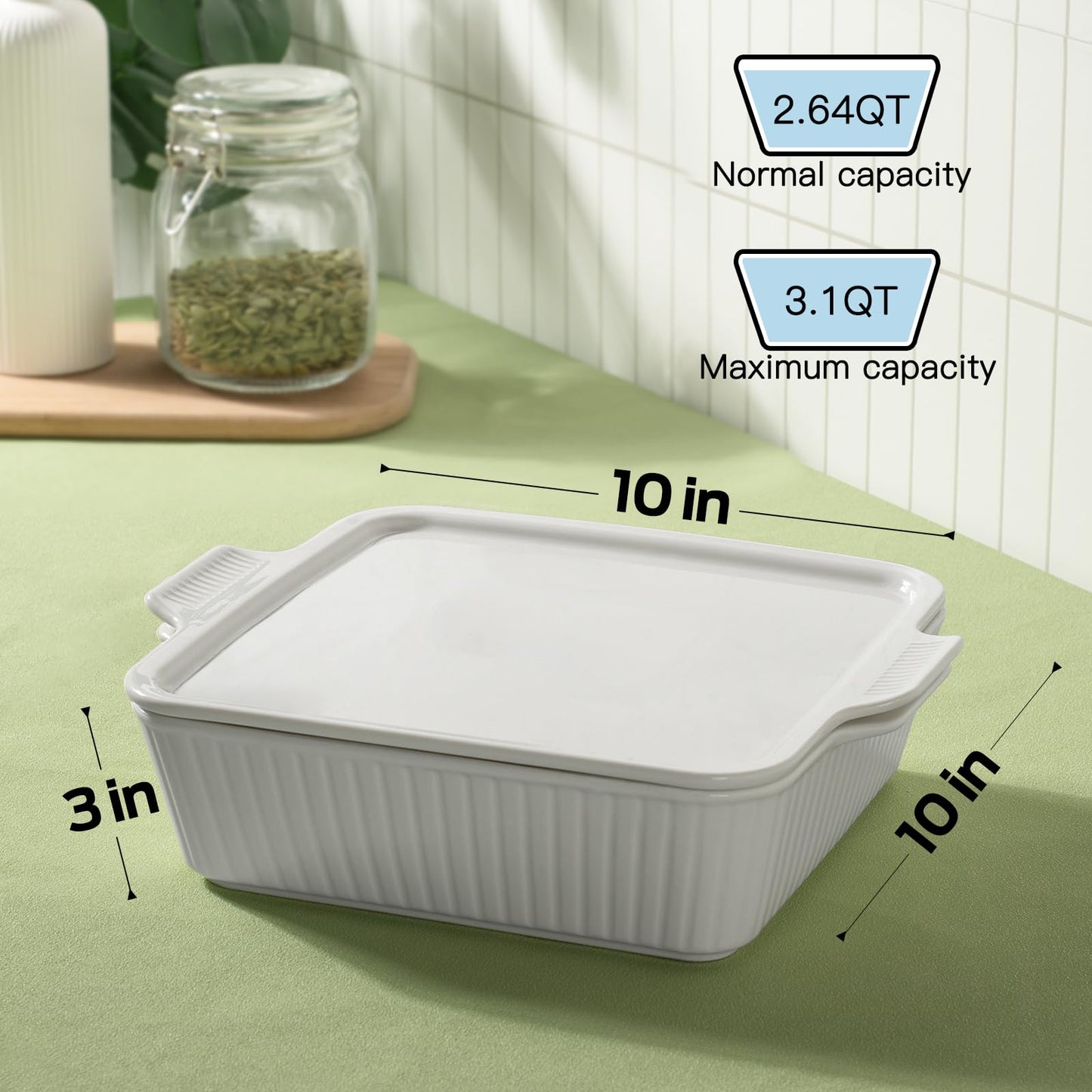 Dizada 10" Square Casserole Dish with Lid - 2-in-1 Porcelain Baking Dish 2.6 Qt, Oven to Table Ceramic Bakeware for Lasagna, Cake, Microwave Dishwasher Safe