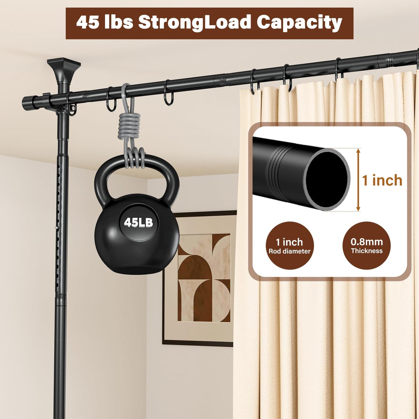 Room Divider Curtain Rod, No Drilling Tension Curtain Rod, 4-10ft H x 28-114in W Adjustable, Heavy Duty Freestanding Room Divider for Space Partition & Room Separation, Black