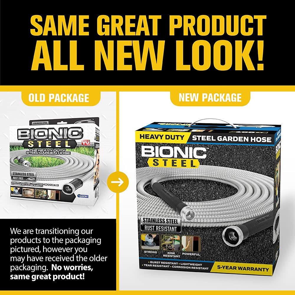 Bionic Steel 100 Ft Garden Hose with Nozzle, Rust Proof 304 Stainless Steel Water Hose 100Ft with 3/4 Aluminum Fittings, Flexible, Heavy Duty, Lightweight, Non Kinking, 500 PSI - 2025 Model